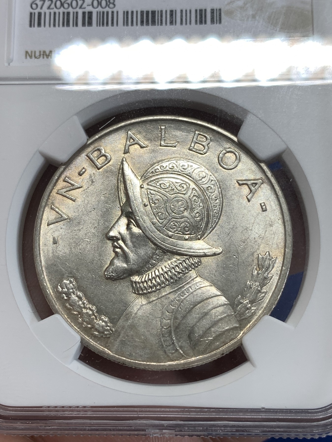 《竞宝斋》第263场-周日，周一 2场连拍 (全场包邮) NGC MS62 巴拿马1947年一巴尔博亚大银币，底板转光，拉丁美洲主币，有上涨空间。