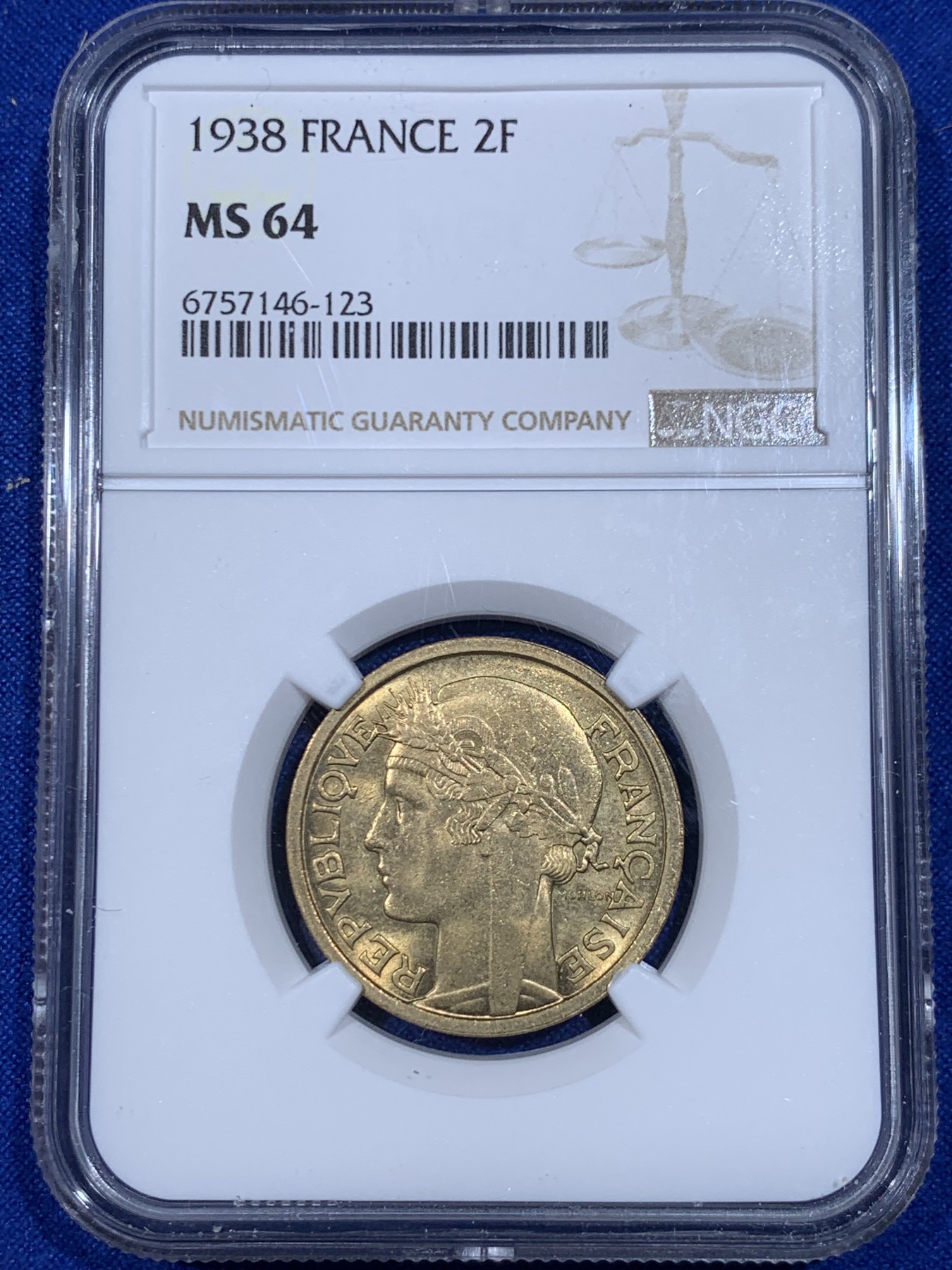 《竞宝斋》第263场-周日，周一 2场连拍 (全场包邮) NGC MS64 法国1938年2法郎铜币