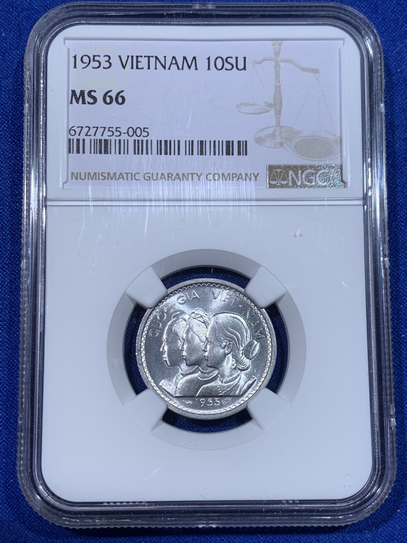 《竞宝斋》第263场-周日，周一 2场连拍 (全场包邮) NGC MS66 越南1953三姐妹10苏