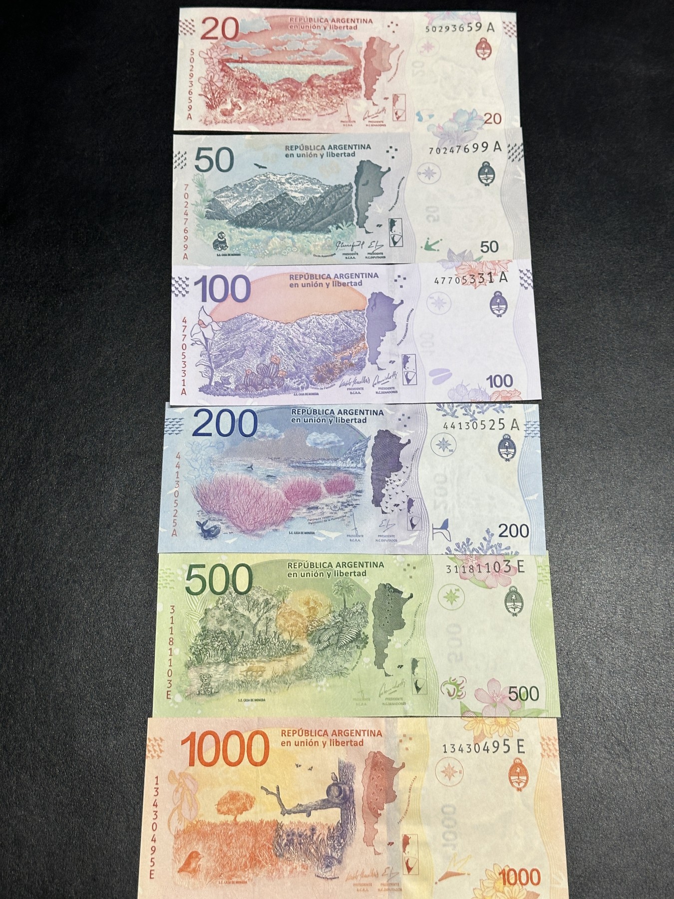 《外钞收藏家》第三百六十五期（连拍第二场） 阿根廷20-1000比索 一套6张 全新UNC