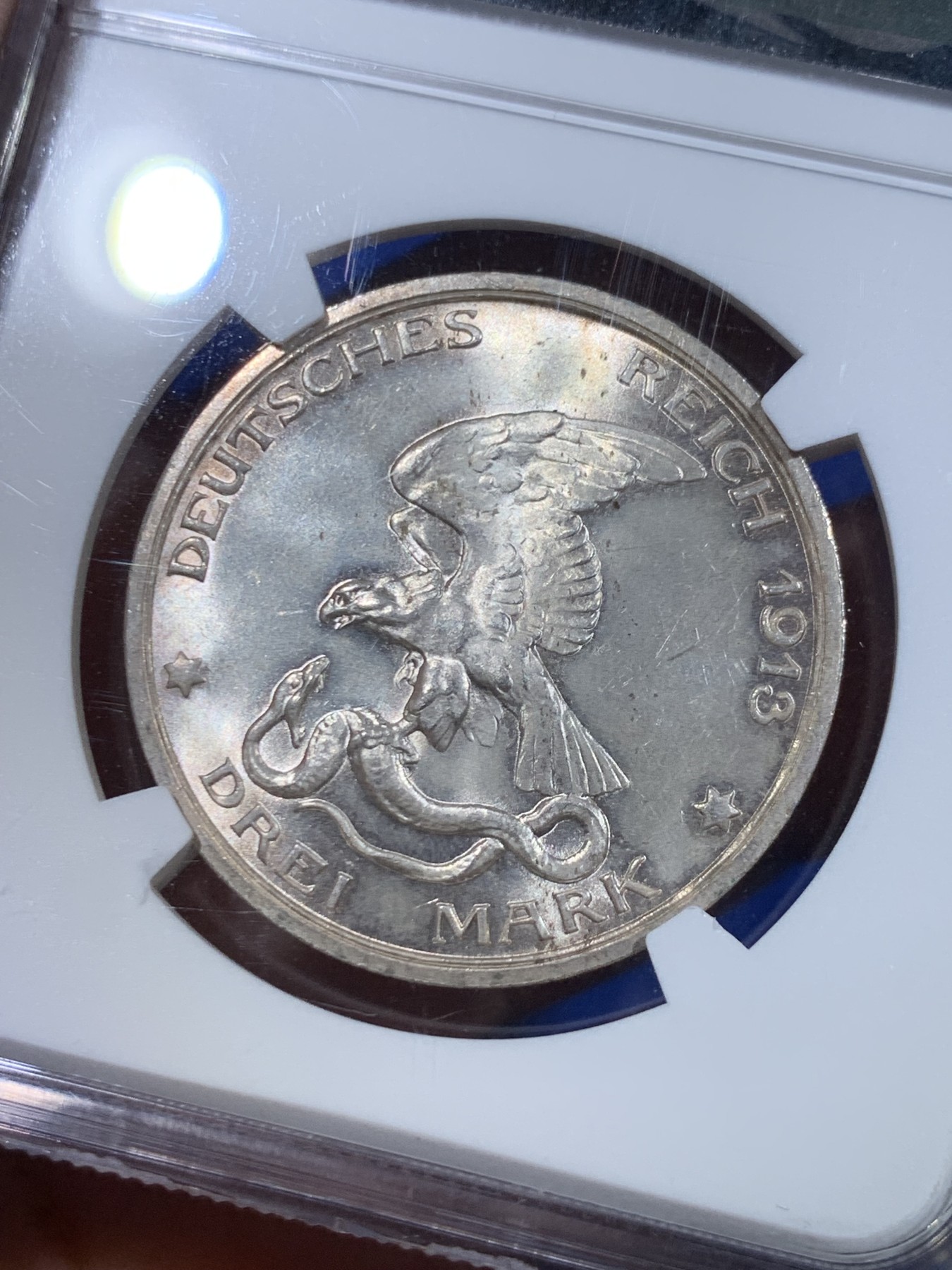 《竞宝斋》第263场-周日，周一 2场连拍 (全场包邮) NGC MS64 德国 1913年 战胜拿破仑3马克银币 十字转光强烈