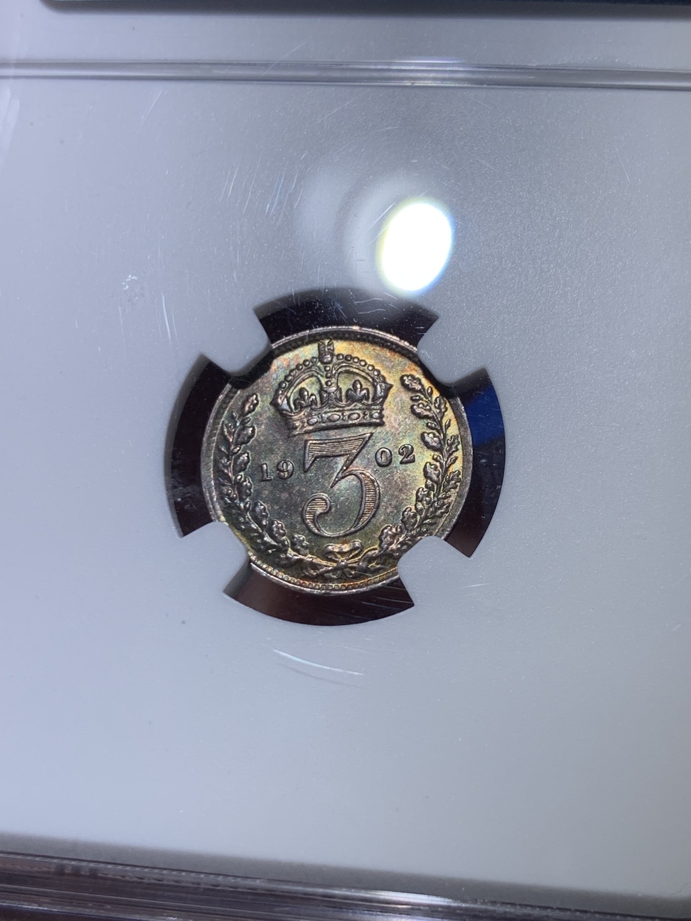 《竞宝斋》第263场-周日，周一 2场连拍 (全场包邮) NGC MS64 英国 1902年爱德华七世3便士银币 两面满五彩