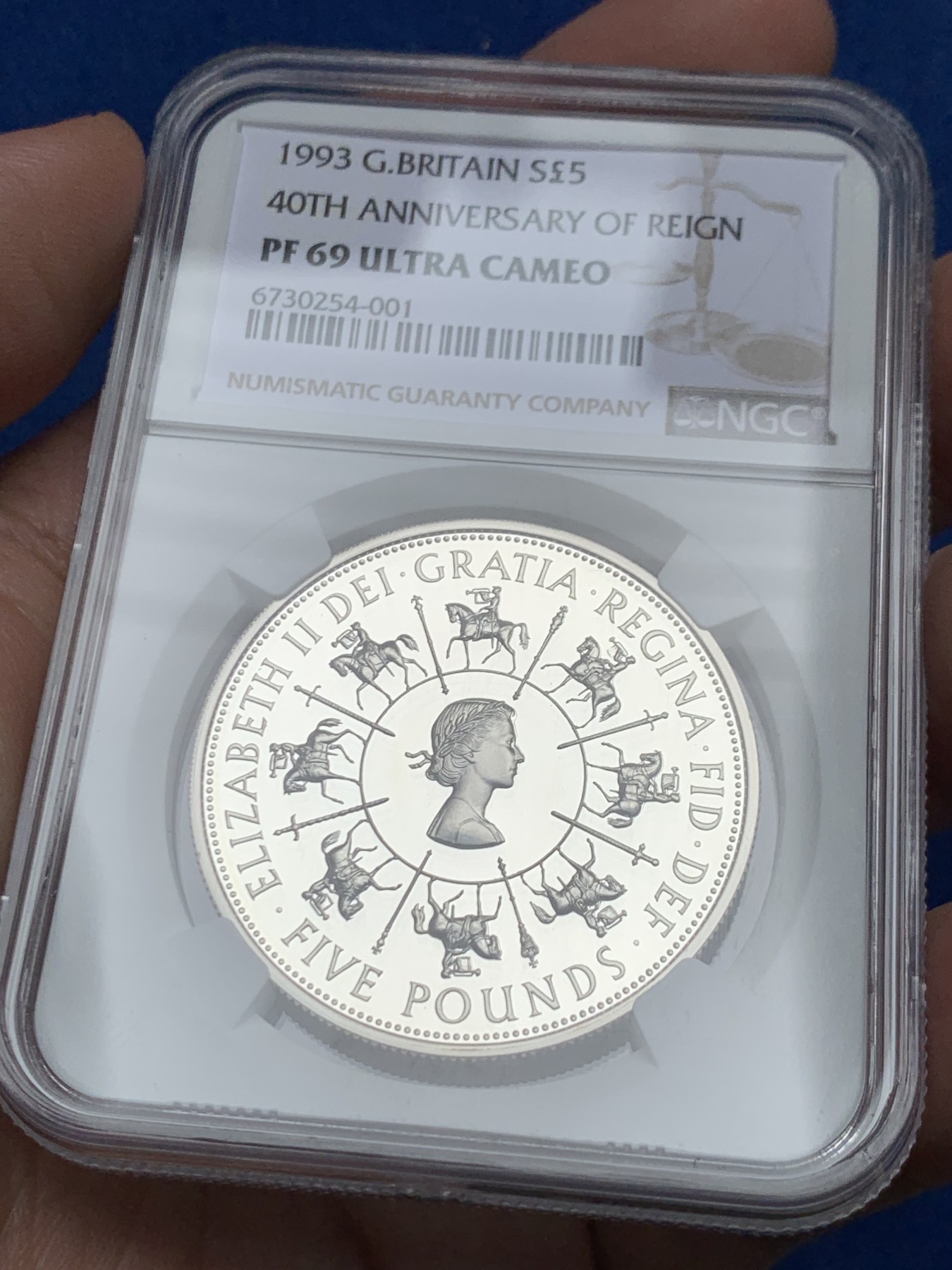 《竞宝斋》第263场-周日，周一 2场连拍 (全场包邮) NGC PF69UC 英国 1993年 女王伊丽莎白二世加冕40周年 5镑 银币（证书齐全，性价比超高）