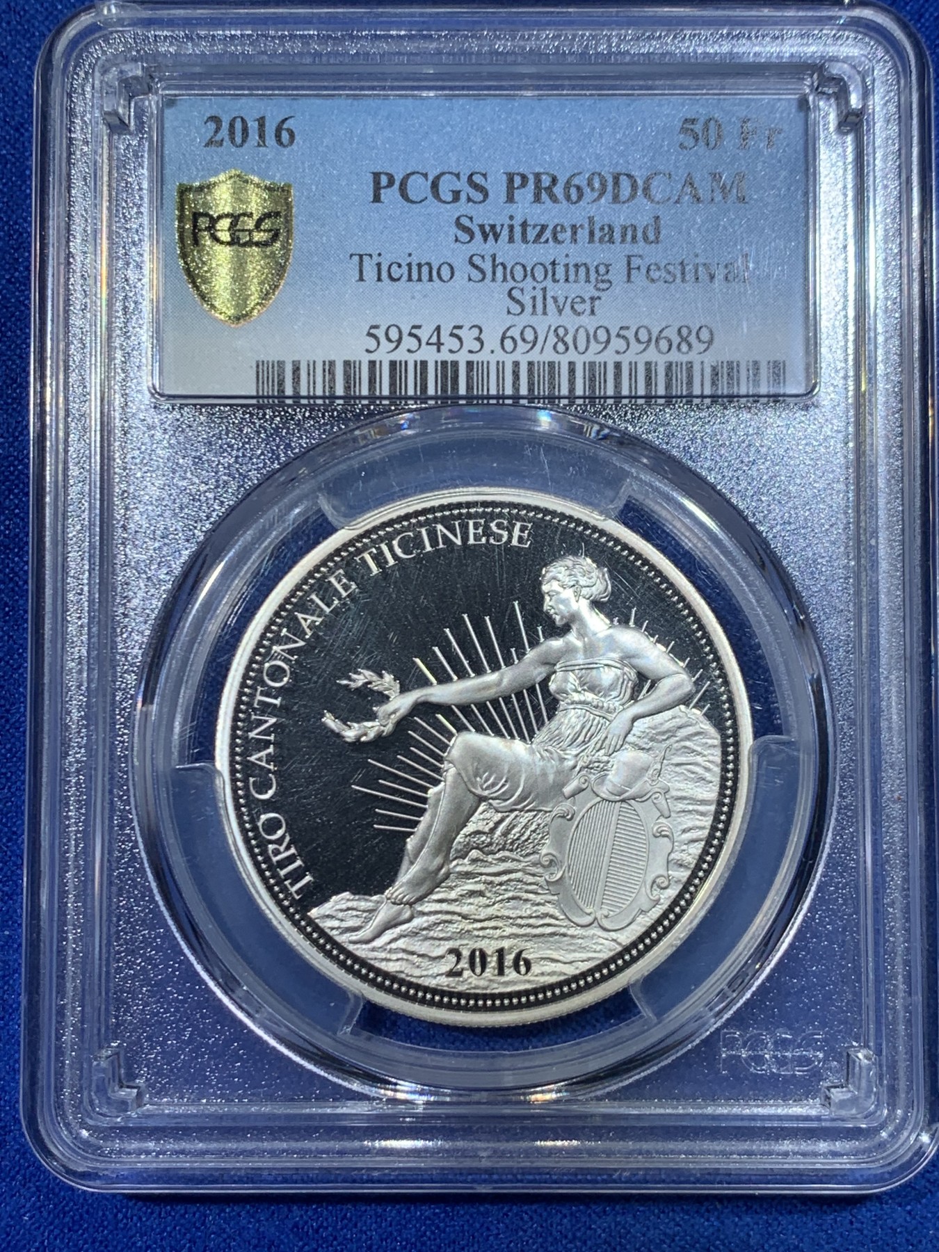 《竞宝斋》第263场-周日，周一 2场连拍 (全场包邮) PCGS PR69DCAM 瑞士2016年发行的射击节系列精制纪念银币-50法郎（限量发行1500枚）