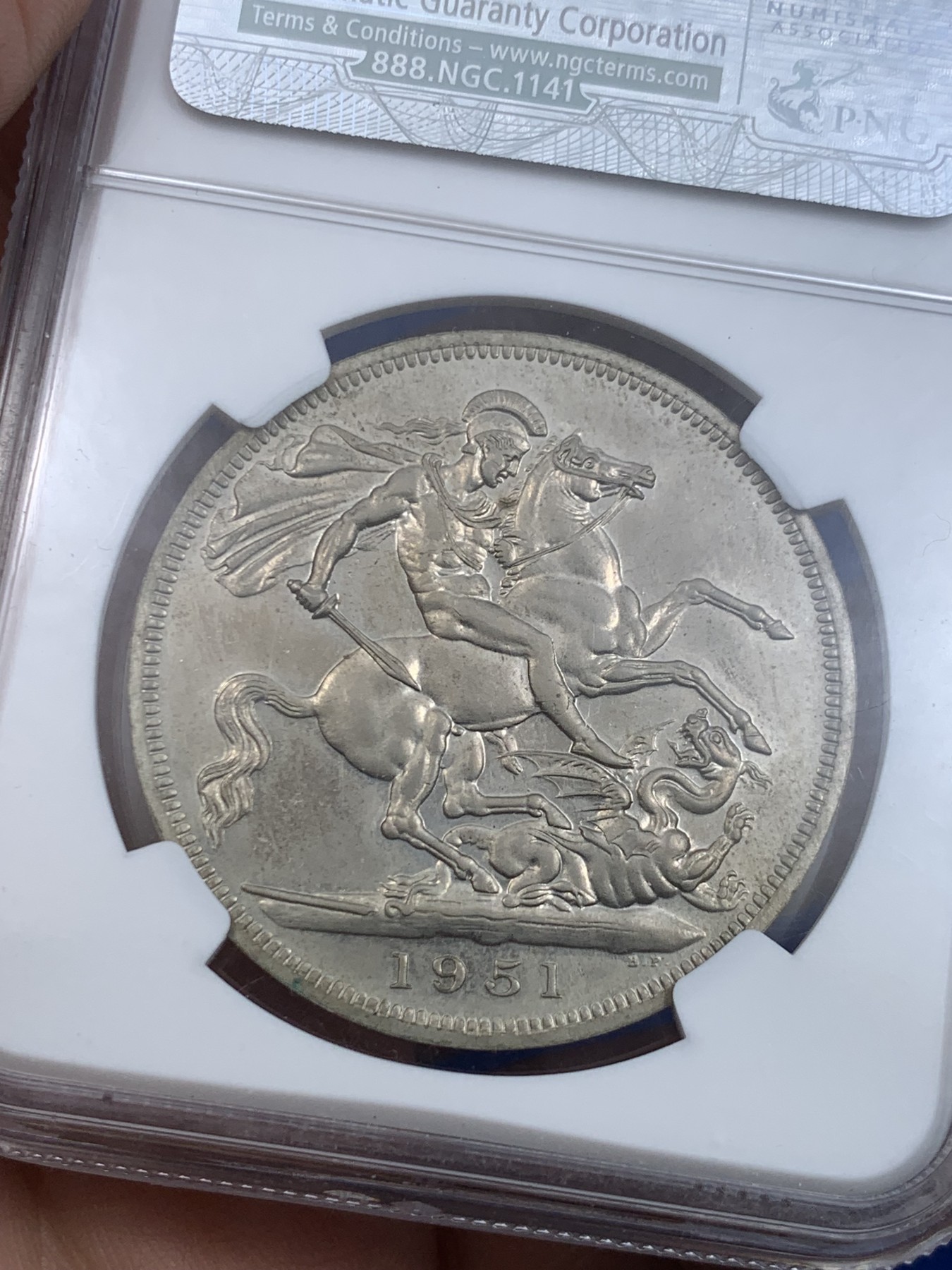 《竞宝斋》第263场-周日，周一 2场连拍 (全场包邮) NGC PL62 英国 1951年 乔治六世克朗 最后的马剑 类精致镍币 老盒子