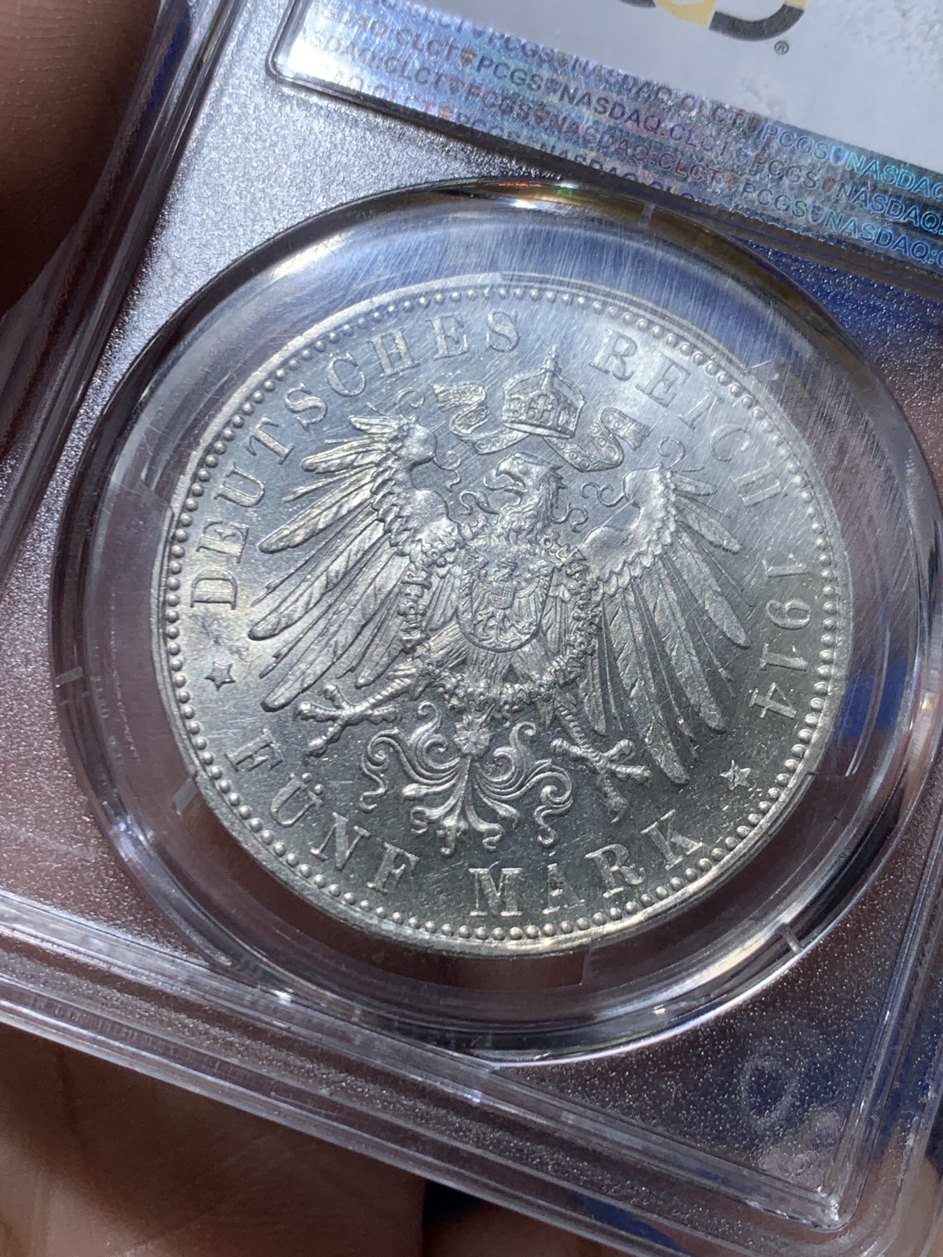 《竞宝斋》第263场-周日，周一 2场连拍 (全场包邮) PCGS MS62 德国1914巴伐利亚 路德维希三世5马克银币，MS62高分难得，少见品种 细节见图