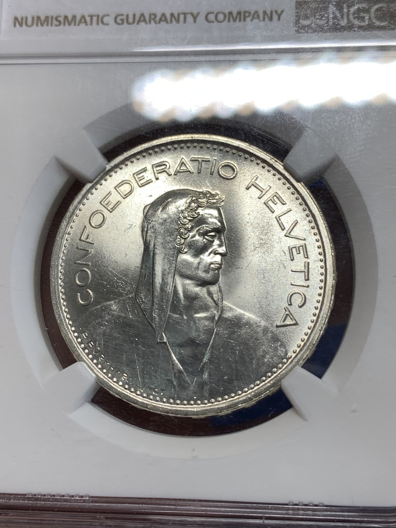 《竞宝斋》第263场-周日，周一 2场连拍 (全场包邮) NGC MS65 瑞士1967年5法郎银币