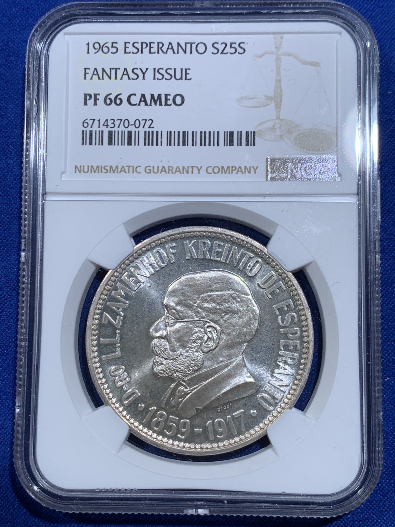 《竞宝斋》第263场-周日，周一 2场连拍 (全场包邮) NGC PF66CAMEO 荷兰王国1965乌特勒支铸币厂世界语大师臆造银币 目录编号X#6 25克 900银