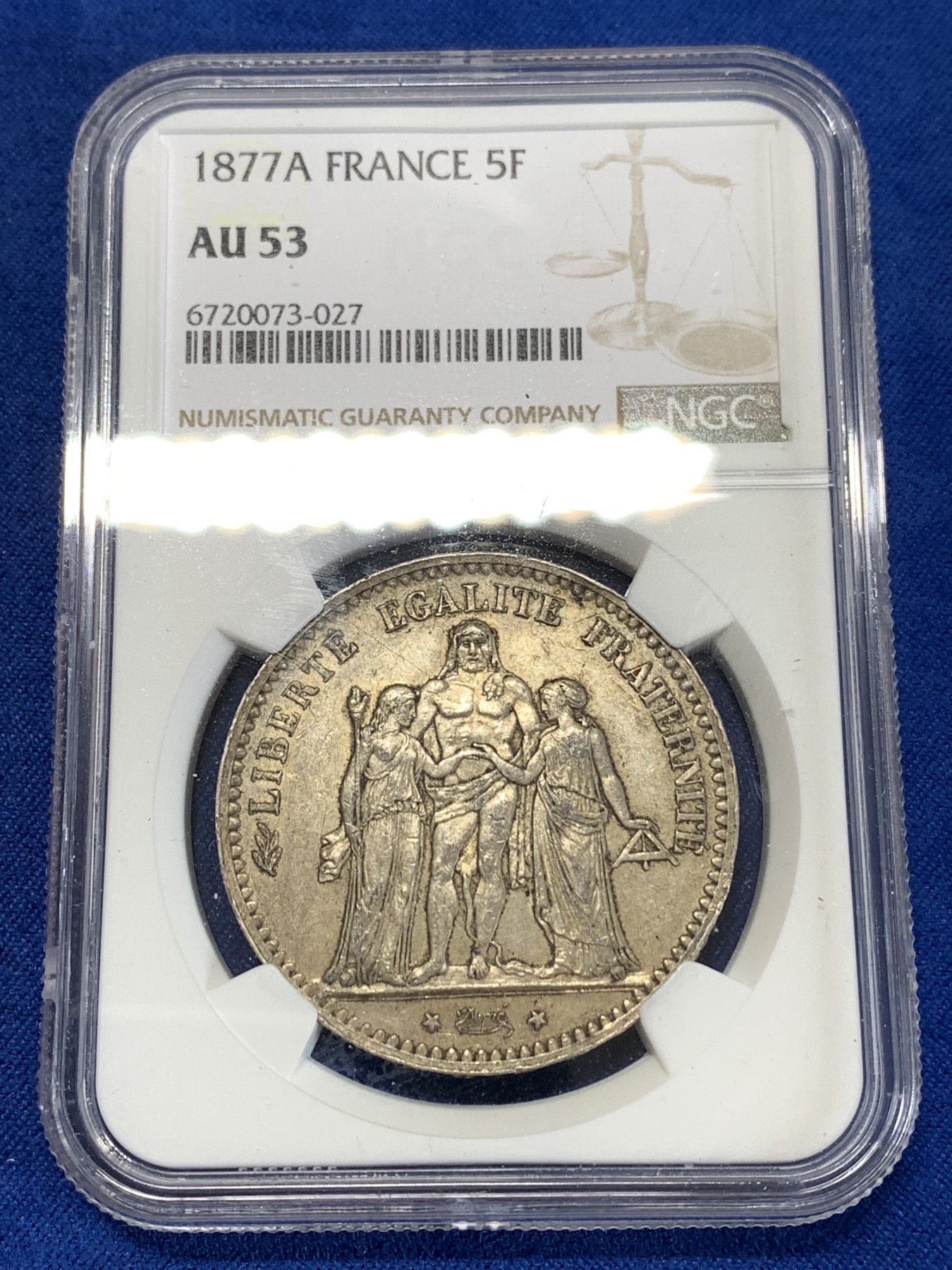 《竞宝斋》第263场-周日，周一 2场连拍 (全场包邮) NGC AU53 法国1877年 大力神 5法郎大银币