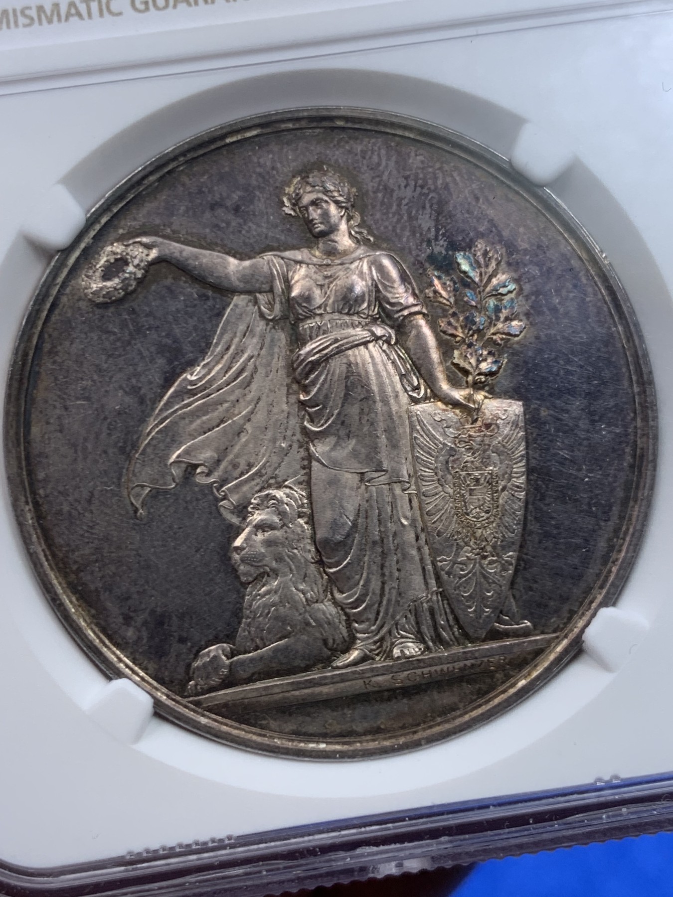 《竞宝斋》第263场-周日，周一 2场连拍 (全场包邮) NGC MS62 德国1875年斯图加特射击节纪念银章，镜面底板，双面五彩包浆，德国早期射击节大银章，稀少品种！