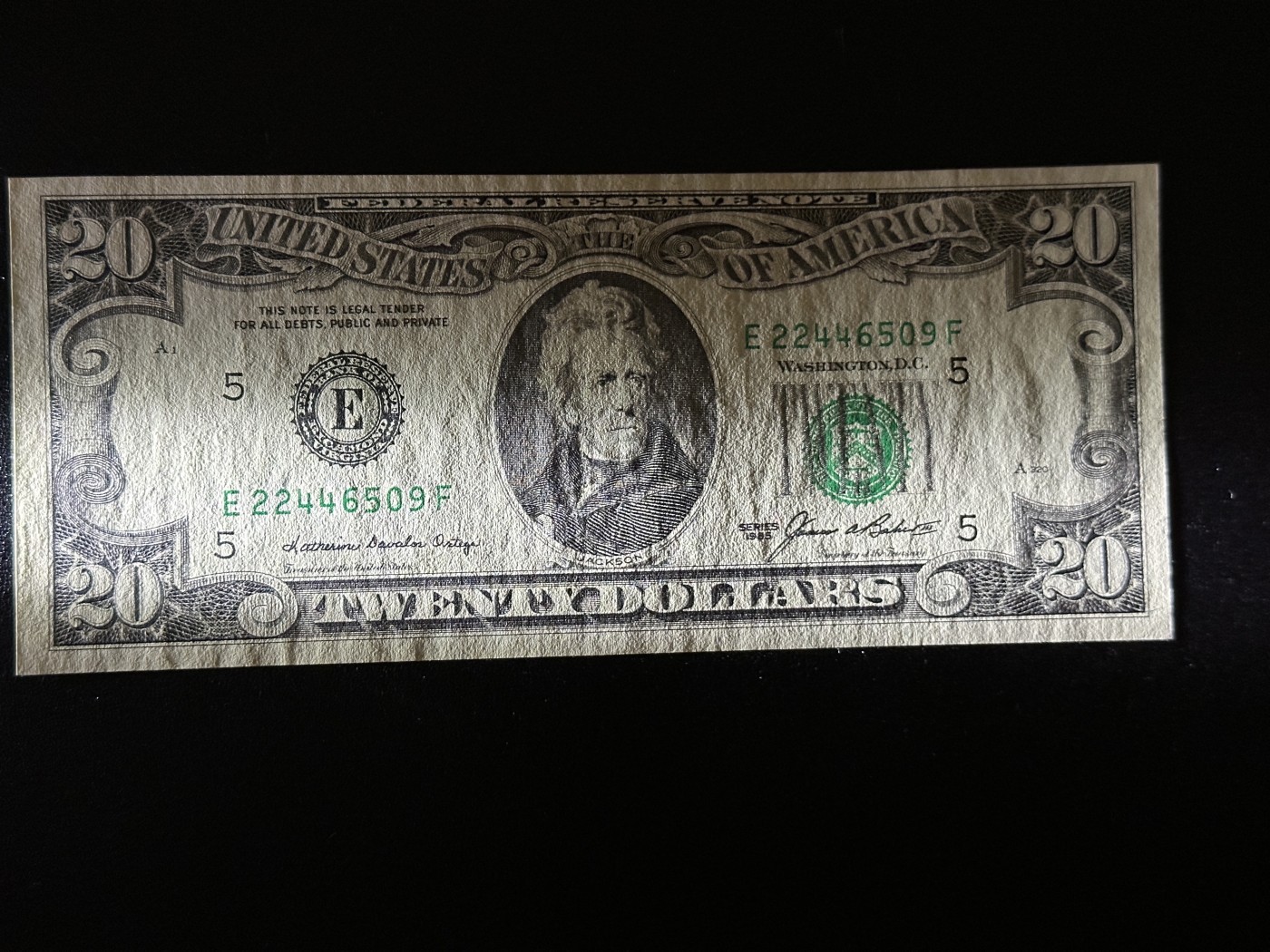 《外钞收藏家》第三百六十五期（连拍第二场） 1985年美国20美元 有暗折 AU品相