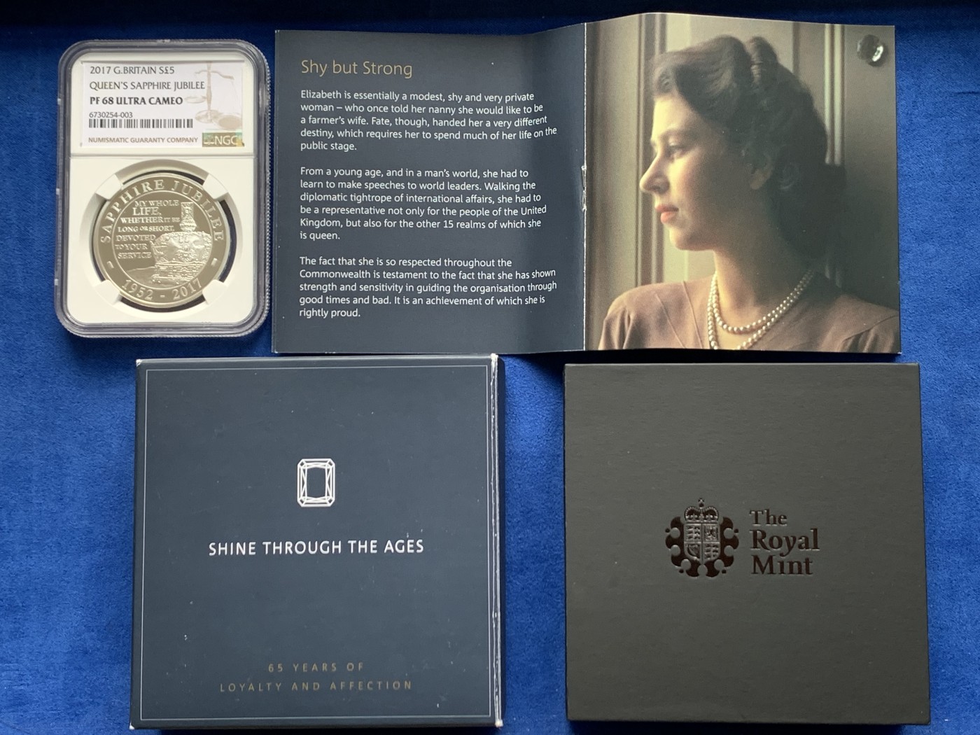 《竞宝斋》第263场-周日，周一 2场连拍 (全场包邮) NGC PF68UC 英国 2017年 女王伊丽莎白二世在位65周年 5镑 银币（蓝宝石禧年纪念，盒证齐全，性价比超高）