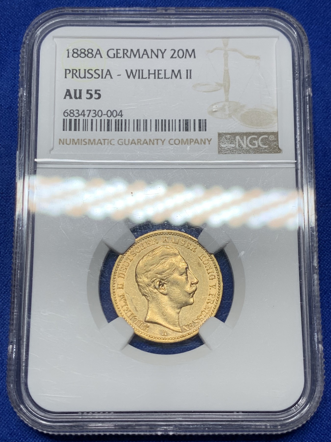 《竞宝斋》第263场-周日，周一 2场连拍 (全场包邮) NGC AU55 德国普鲁士1888三皇之年威廉二世短翅 20马克金币 三皇之年 威二金币极少见