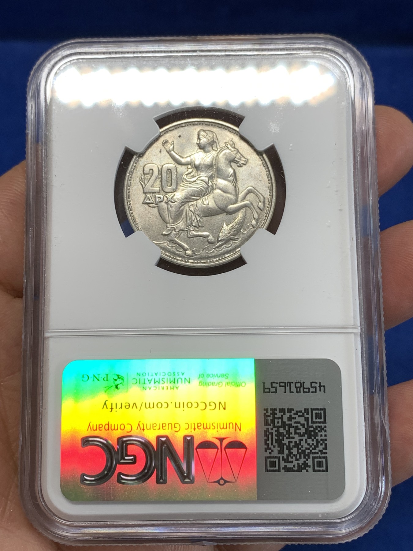 《竞宝斋》第263场-周日，周一 2场连拍 (全场包邮) NGC UNCD 希腊1960月亮女神 20德拉马克 银币