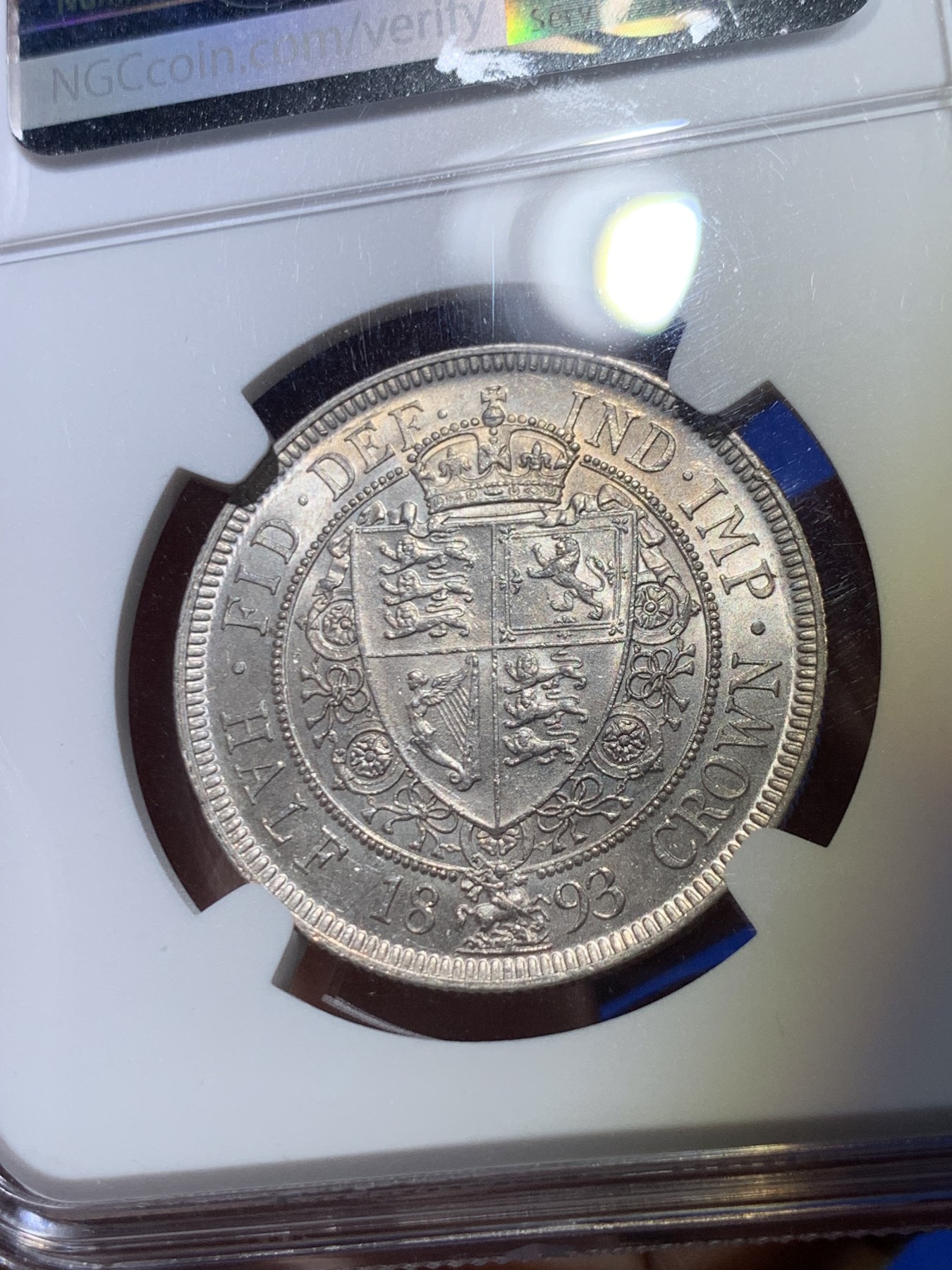 《竞宝斋》第263场-周日，周一 2场连拍 (全场包邮) NGC MS62 英国 1893年 维多利亚 半克朗 银币（首年版本，银光熠熠，难得好品）