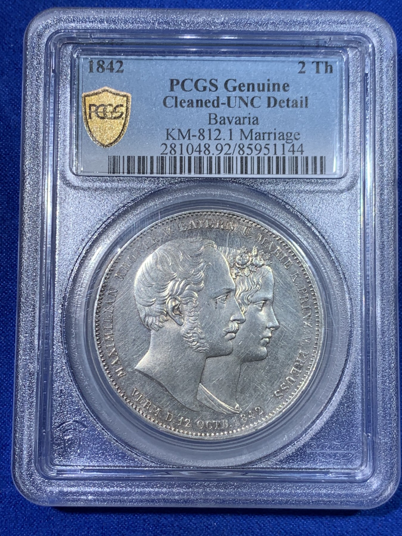 《竞宝斋》第263场-周日，周一 2场连拍 (全场包邮) PCGS UNCD 德国 巴伐利亚王国1842年历史泰勒，大婚纪念2泰勒银币，加厚盒。