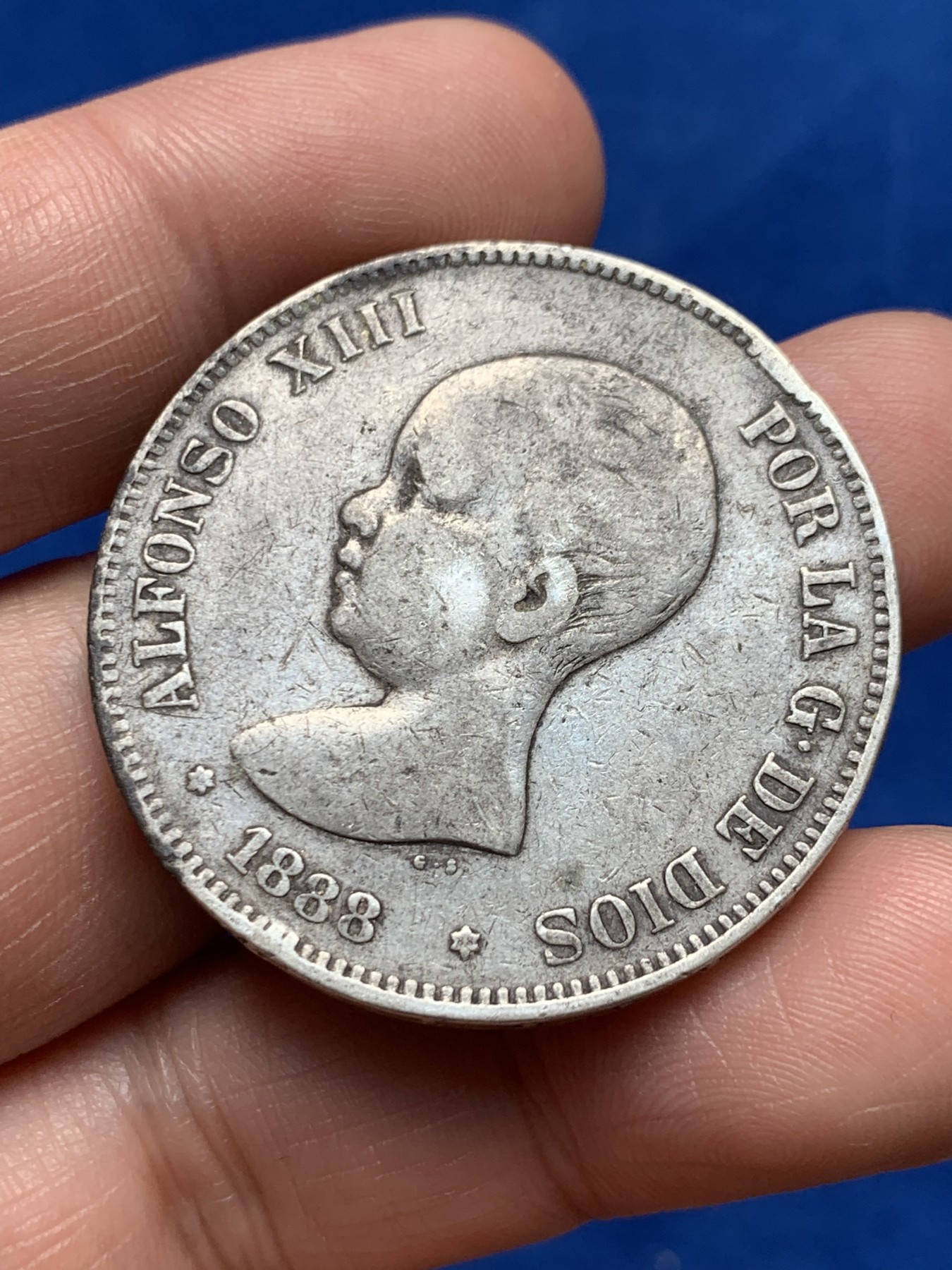 《竞宝斋》第263场-周日，周一 2场连拍 (全场包邮) 1888年 阿方索十三世5比塞塔银币 娃娃头 原味 细节见图