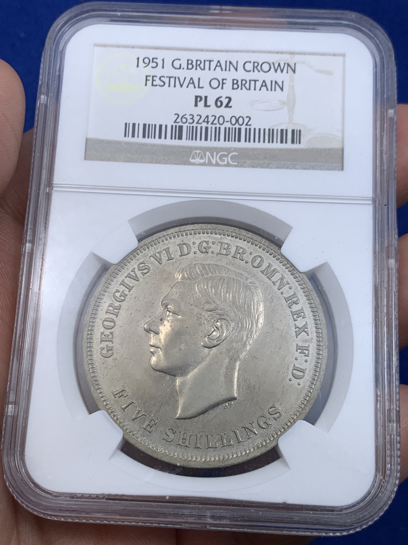 《竞宝斋》第263场-周日，周一 2场连拍 (全场包邮) NGC PL62 英国 1951年 乔治六世克朗 最后的马剑 类精致镍币 老盒子