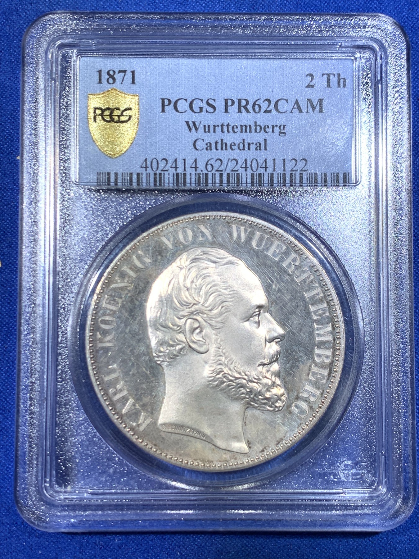 《竞宝斋》第263场-周日，周一 2场连拍 (全场包邮) PCGS PR62CAM 德国 1871乌尔姆大教堂精制2泰勒银币 热门品种 金彩包浆非常漂亮
