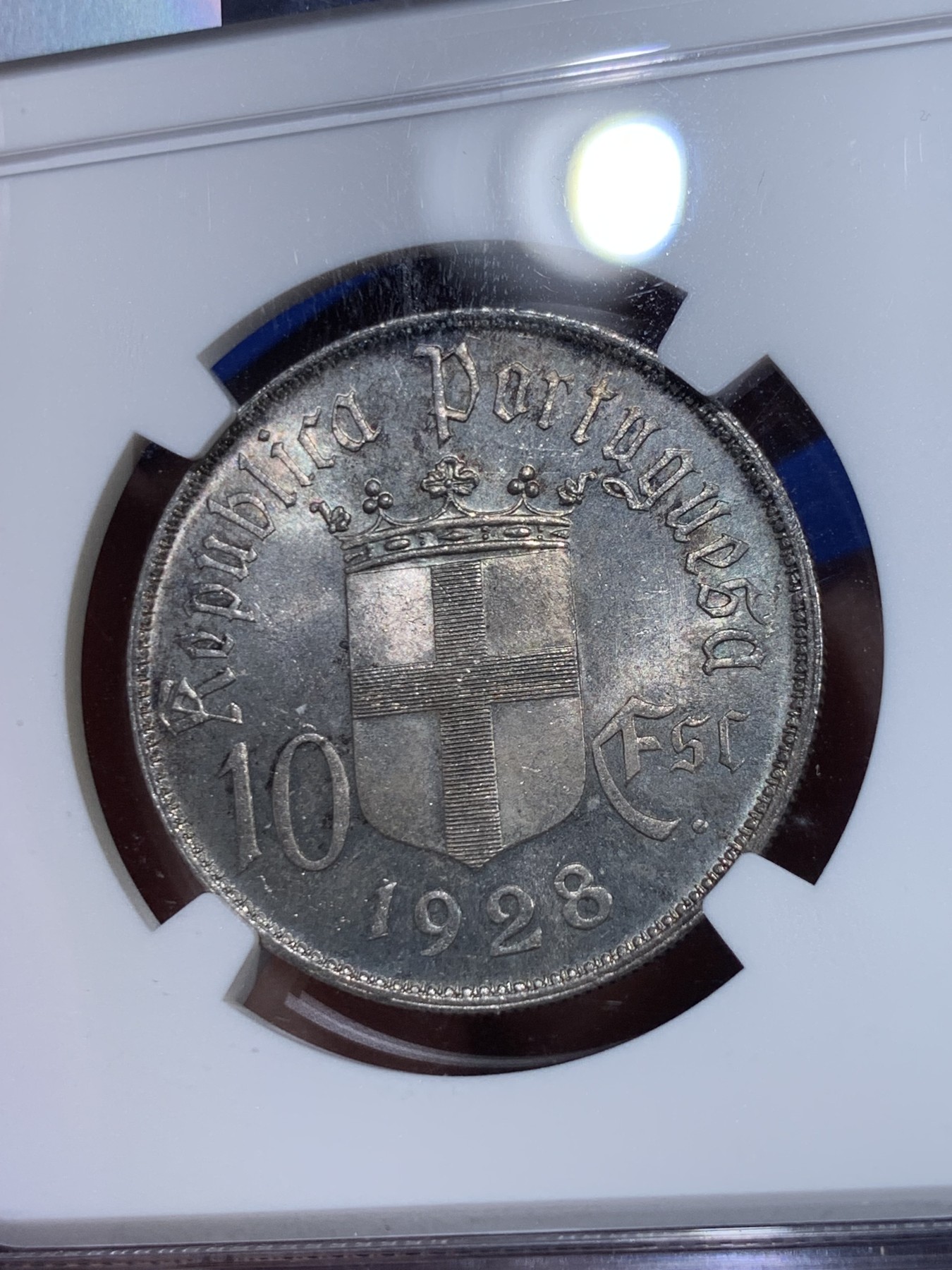 《竞宝斋》第263场-周日，周一 2场连拍 (全场包邮) NGC MS64 葡萄牙1928年奥里基战役10埃斯库多纪念银币，蓝灰色包浆，状态一流