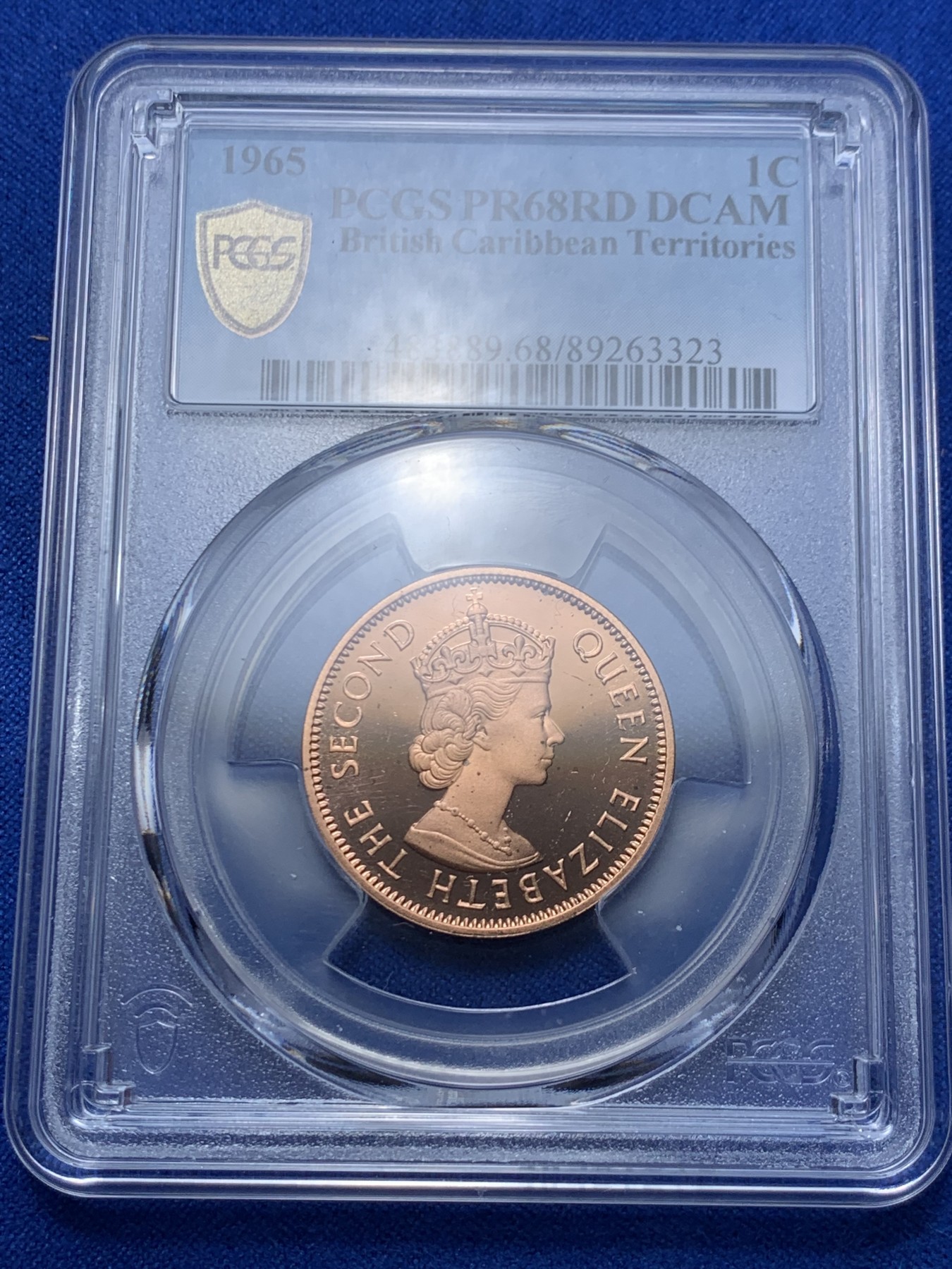 《竞宝斋》第263场-周日，周一 2场连拍 (全场包邮) PCGS  PR68RD DCAM 英属加勒比领地1965年1分精制铜币