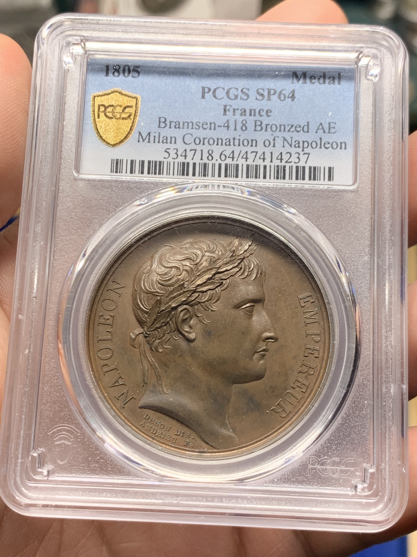 《竞宝斋》第263场-周日，周一 2场连拍 (全场包邮) PCGS SP64  法国1805年拿破仑一世米兰大加冕原铸铜章 背面历史上著名的铁王冠 纪念拿破仑在米兰大教堂加冕为意大利国王 要当整个欧陆的皇帝