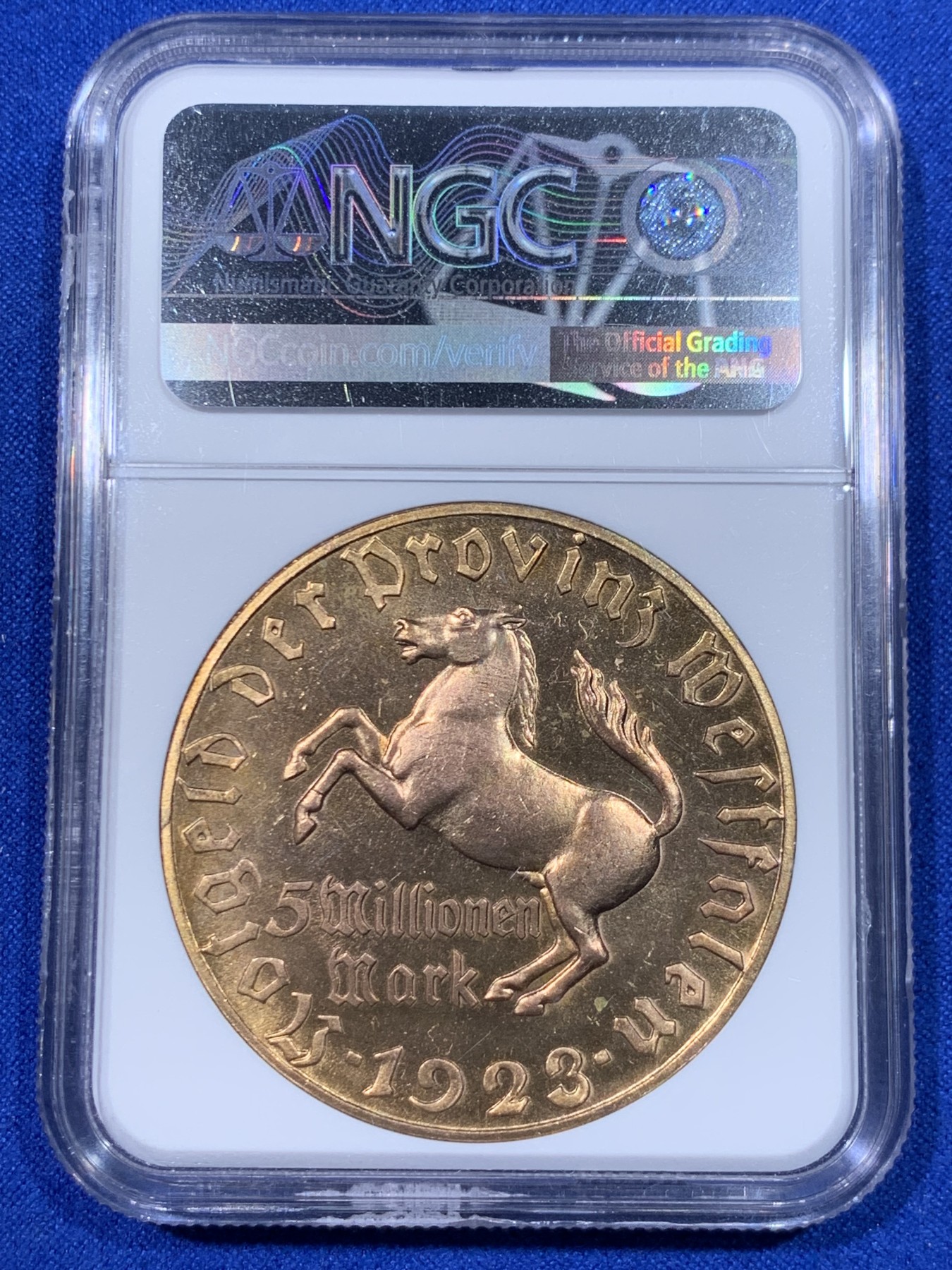 《竞宝斋》第263场-周日，周一 2场连拍 (全场包邮) NGC MS64 德国 1923年 500万马克紧急状态币 两行字版本 镀金层完整