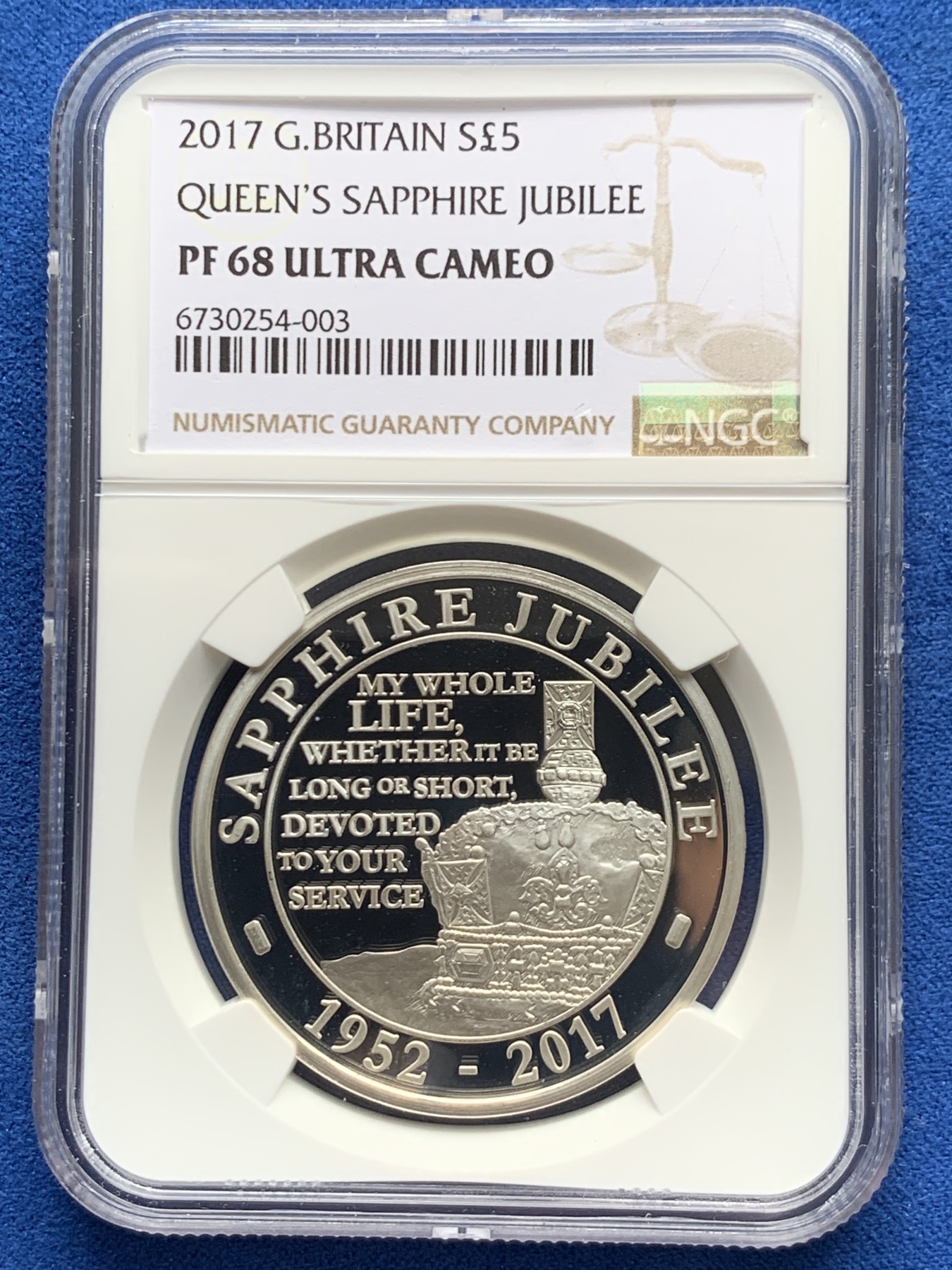 《竞宝斋》第263场-周日，周一 2场连拍 (全场包邮) NGC PF68UC 英国 2017年 女王伊丽莎白二世在位65周年 5镑 银币（蓝宝石禧年纪念，盒证齐全，性价比超高）