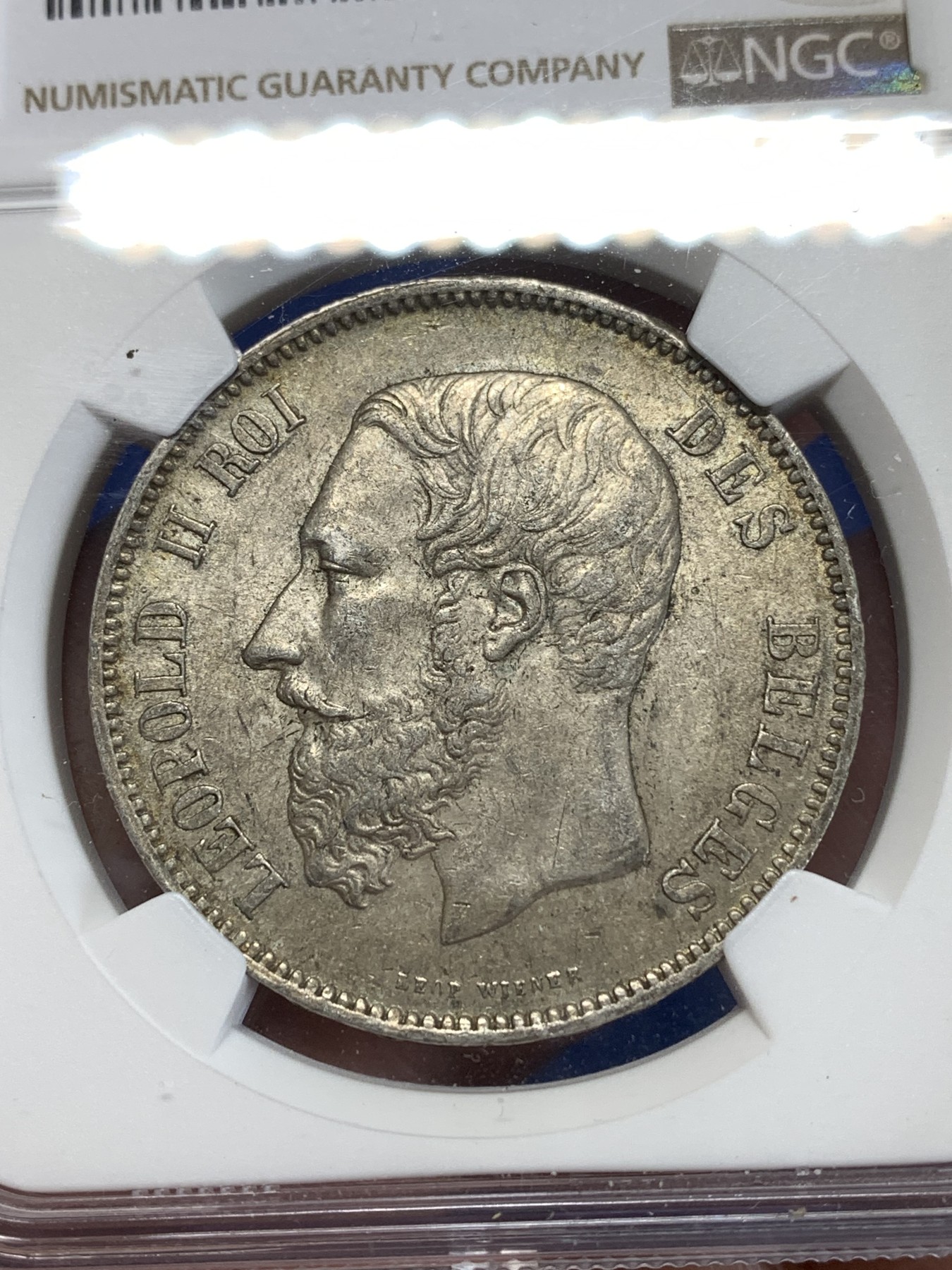 《竞宝斋》第263场-周日，周一 2场连拍 (全场包邮) NGC AU58 比利时 1869年大胡子利奥波德5法郎银币