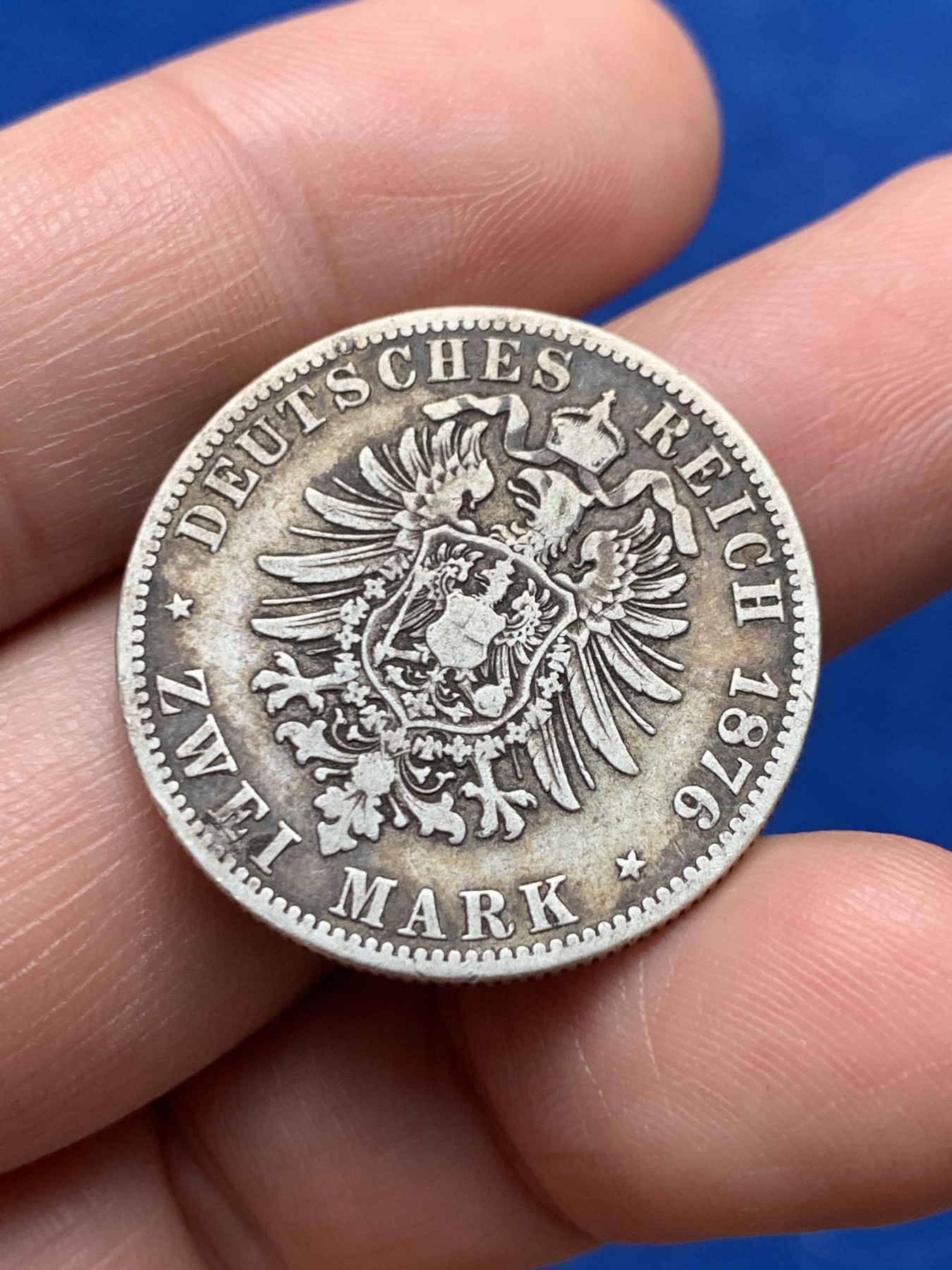 《竞宝斋》第263场-周日，周一 2场连拍 (全场包邮) 1876A德国威廉一世2马克银币，币制改革后首年版，克书价非常高