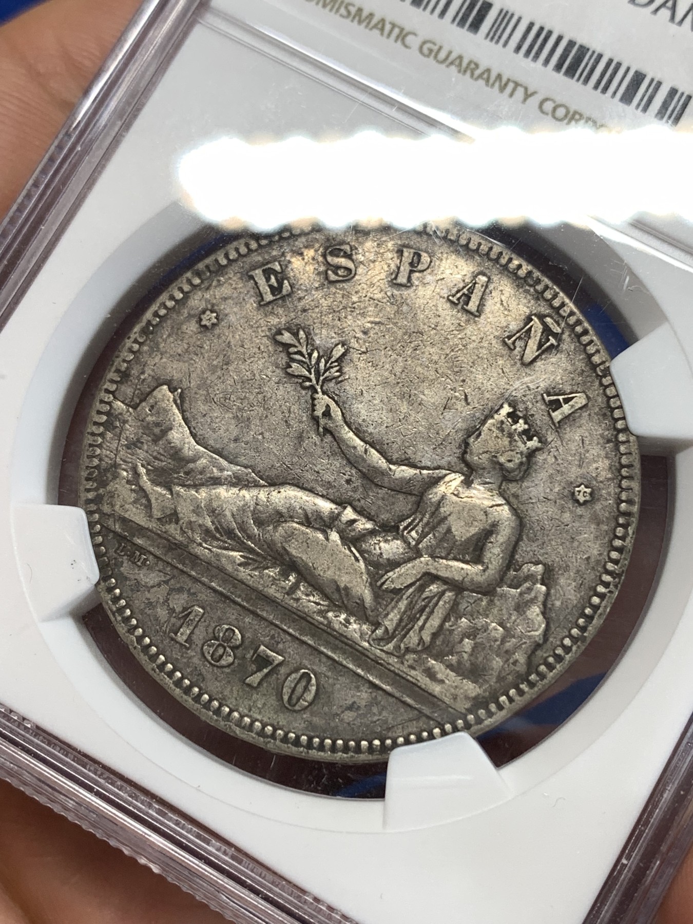 《竞宝斋》第263场-周日，周一 2场连拍 (全场包邮) NGC VFD 西班牙1870年双柱拿花女5比塞塔银币