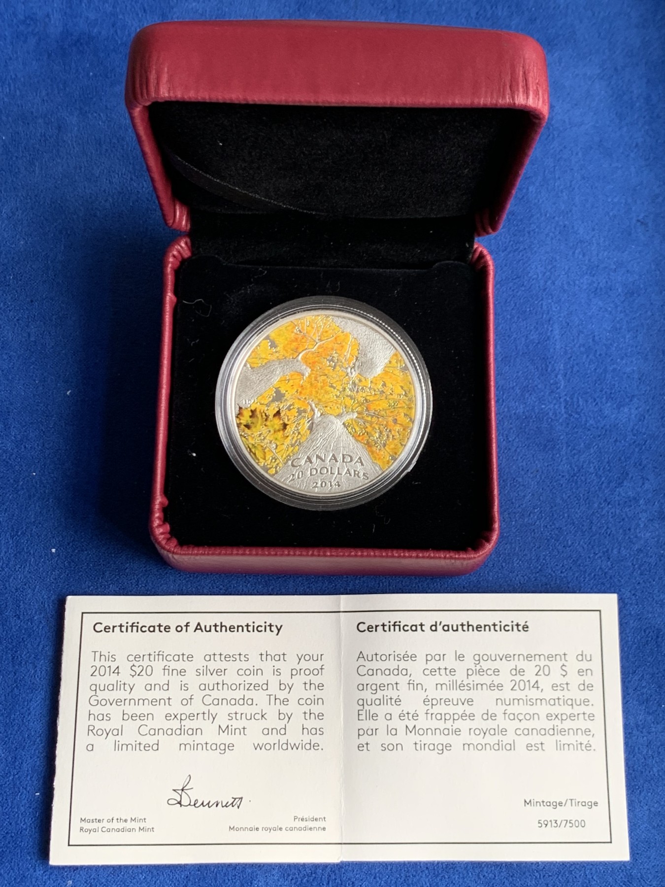 《竞宝斋》第263场-周日，周一 2场连拍 (全场包邮) 加拿大2014年发行的枫叶树冠系列4秋叶倾城彩银币-20加元（克劳斯获奖币-2016年最佳克朗币，裸币市价1200+） 1盎司999银 38mm 礼盒装