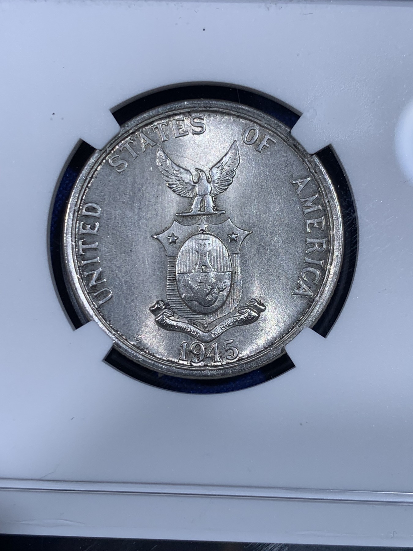 《竞宝斋》第263场-周日，周一 2场连拍 (全场包邮) NGC MS62 美属菲律宾1945年打铁女神50分银币