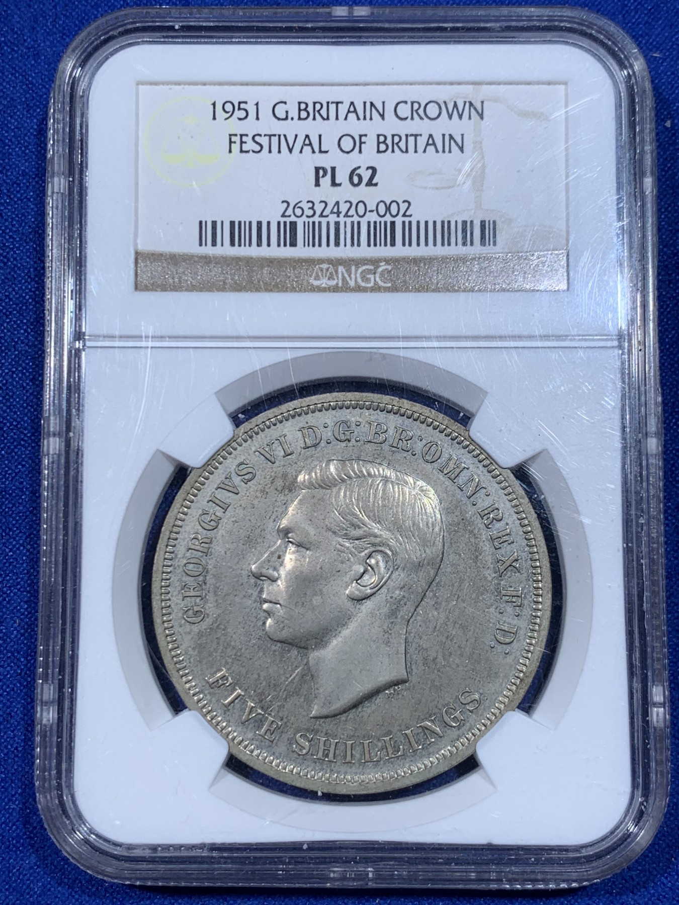 《竞宝斋》第263场-周日，周一 2场连拍 (全场包邮) NGC PL62 英国 1951年 乔治六世克朗 最后的马剑 类精致镍币 老盒子