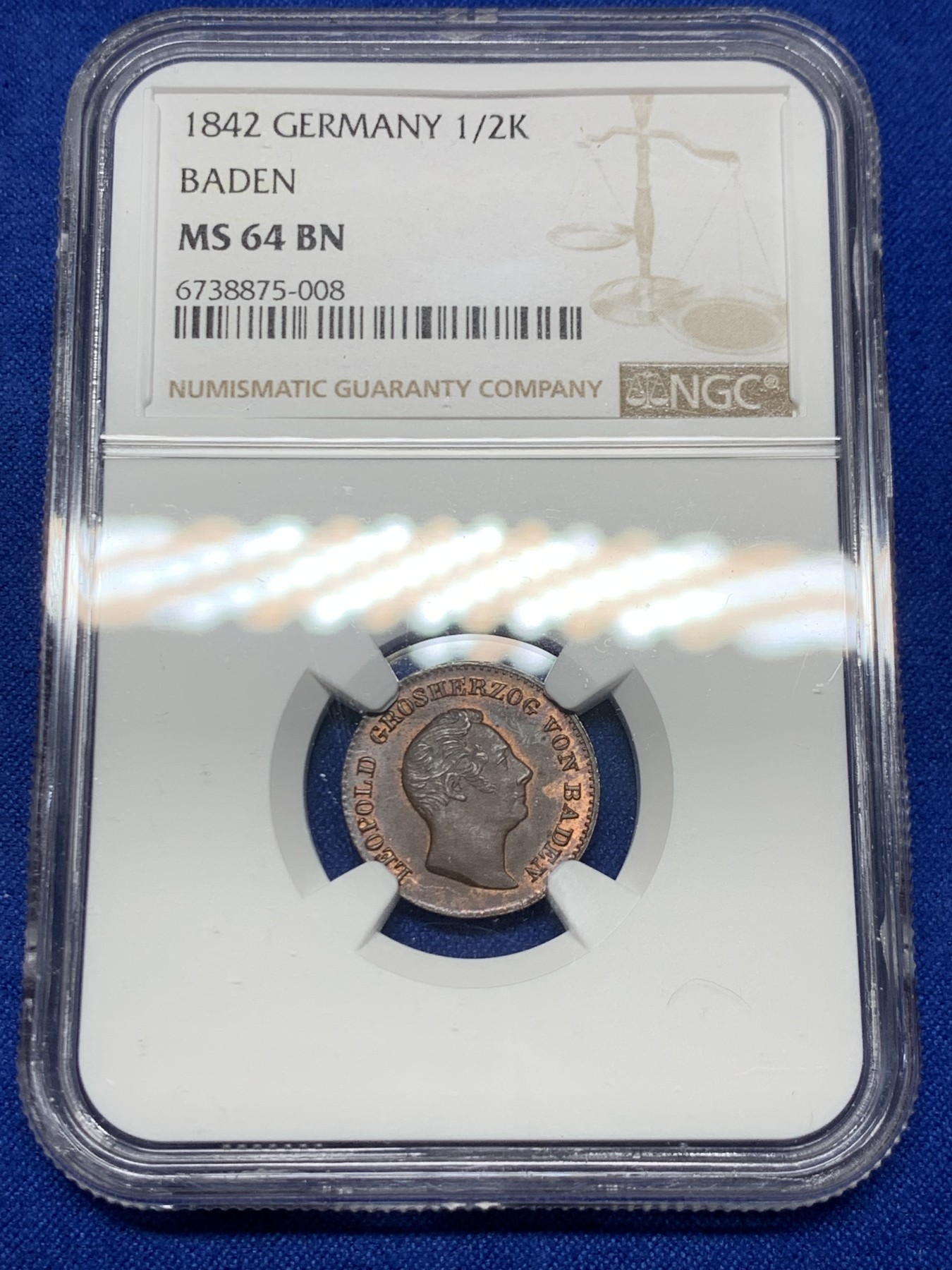 《竞宝斋》第263场-周日，周一 2场连拍 (全场包邮) NGC MS64BN 德国巴登1842年1/2克鲁泽 铜光犹在