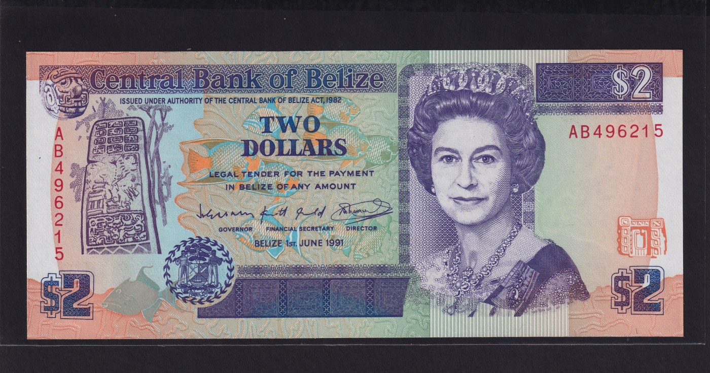 草稿银行第十九期国内外钞票拍卖 伯利兹1991年2元 德纳罗代印 初版长票幅 女王肖像 全新品相