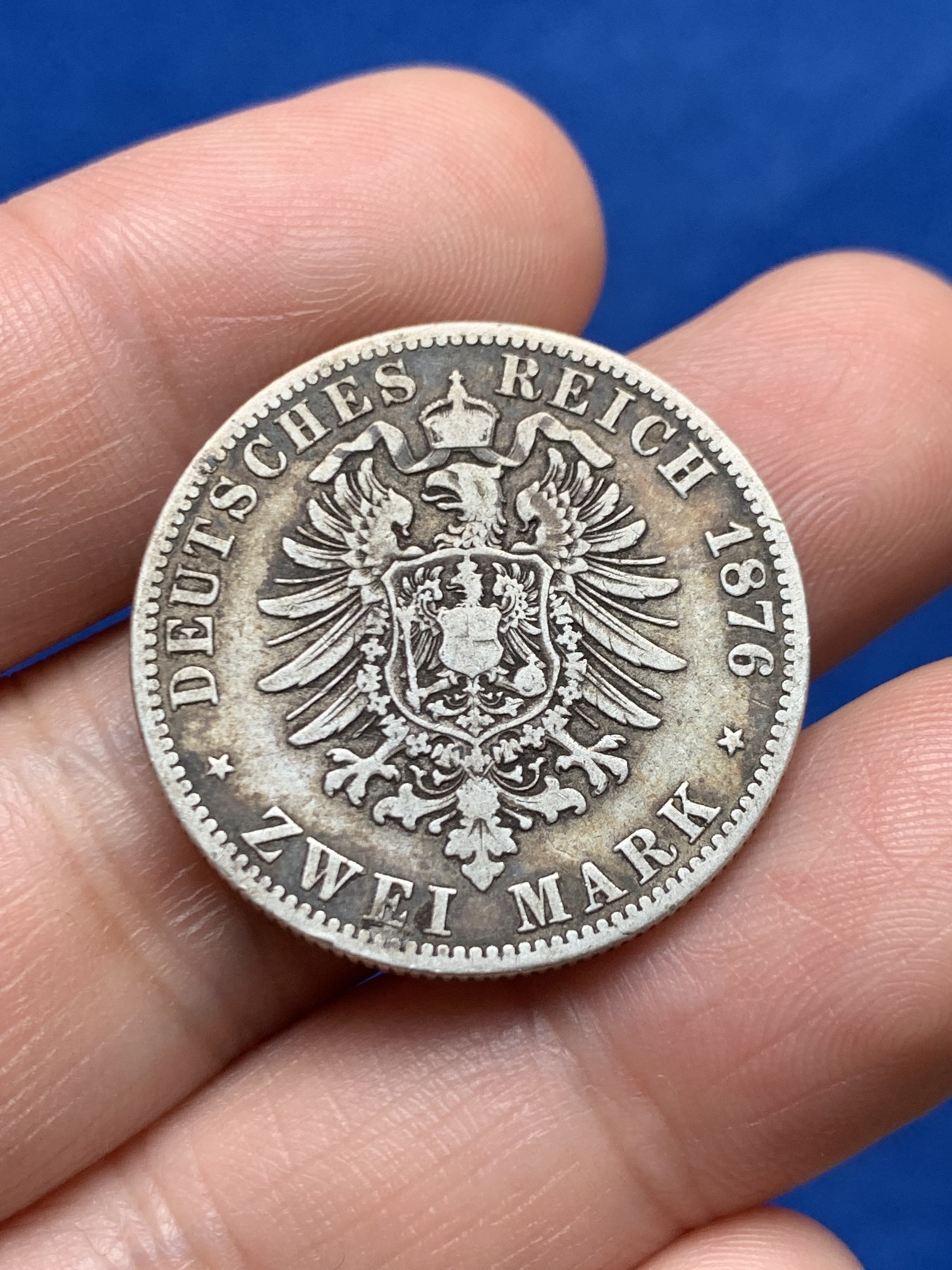 《竞宝斋》第263场-周日，周一 2场连拍 (全场包邮) 1876A德国威廉一世2马克银币，币制改革后首年版，克书价非常高