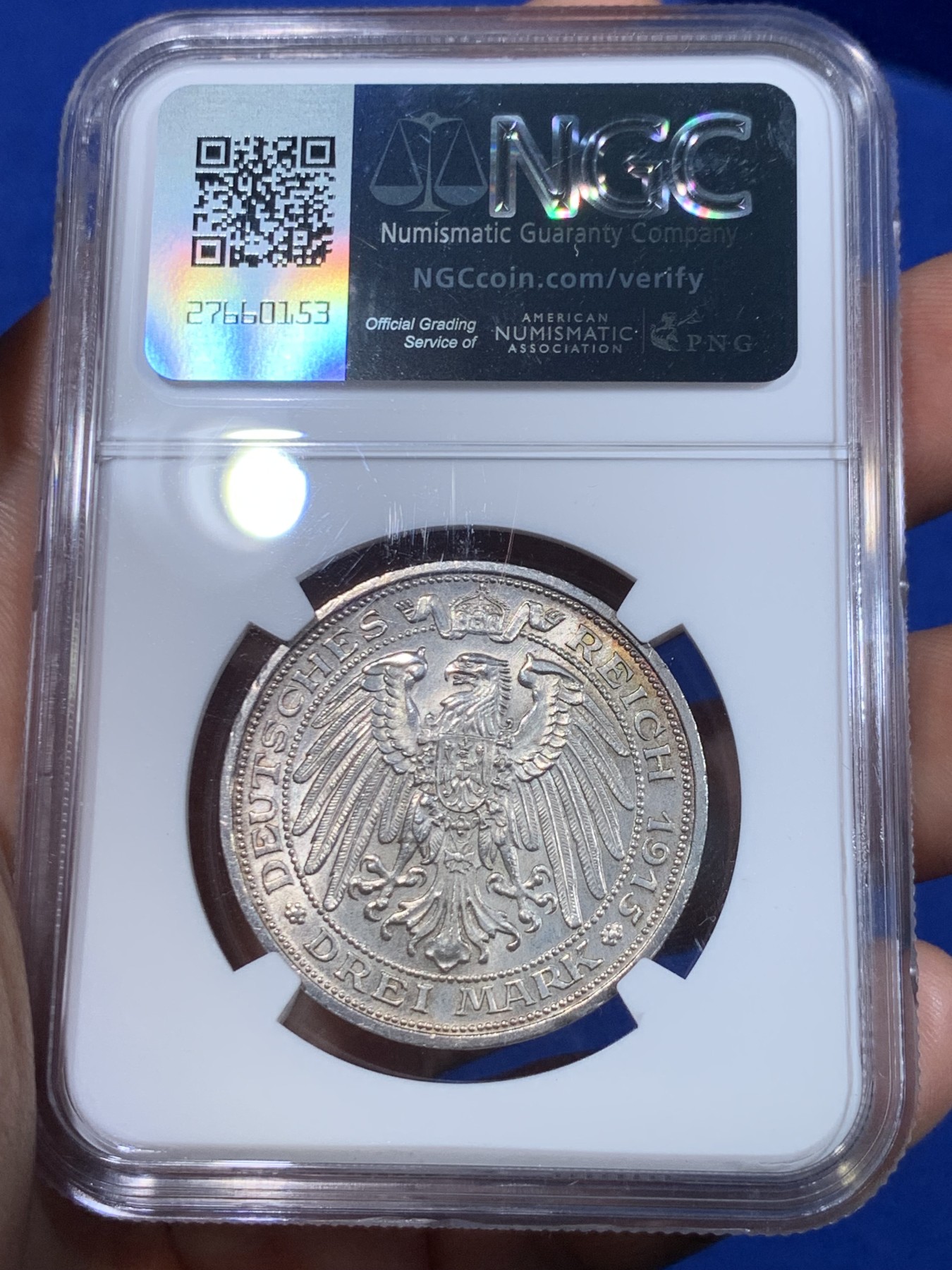 《竞宝斋》第263场-周日，周一 2场连拍 (全场包邮) NGC MS62 1915年德国屠龙3马克银币 纪念曼斯菲尔德并入普鲁士100周年 转光连续 包浆自然 名誉品种