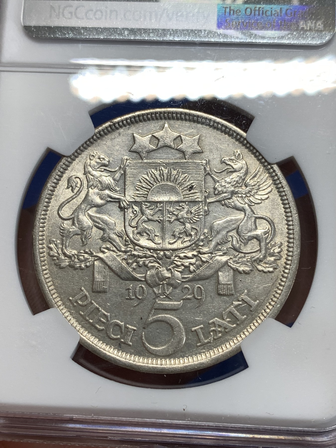 《竞宝斋》第263场-周日，周一 2场连拍 (全场包邮) NGC AUD 拉脱维亚1929年谷物女神5拉脱银币