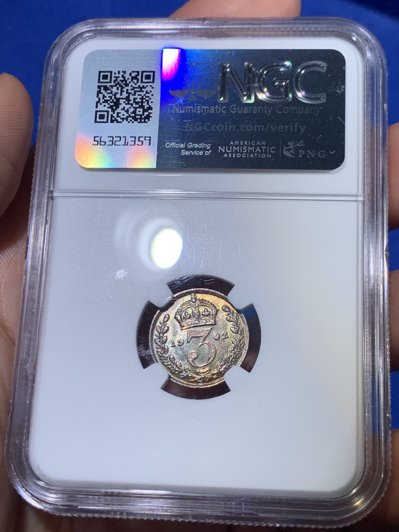 《竞宝斋》第263场-周日，周一 2场连拍 (全场包邮) NGC MS64 英国 1902年爱德华七世3便士银币 两面满五彩