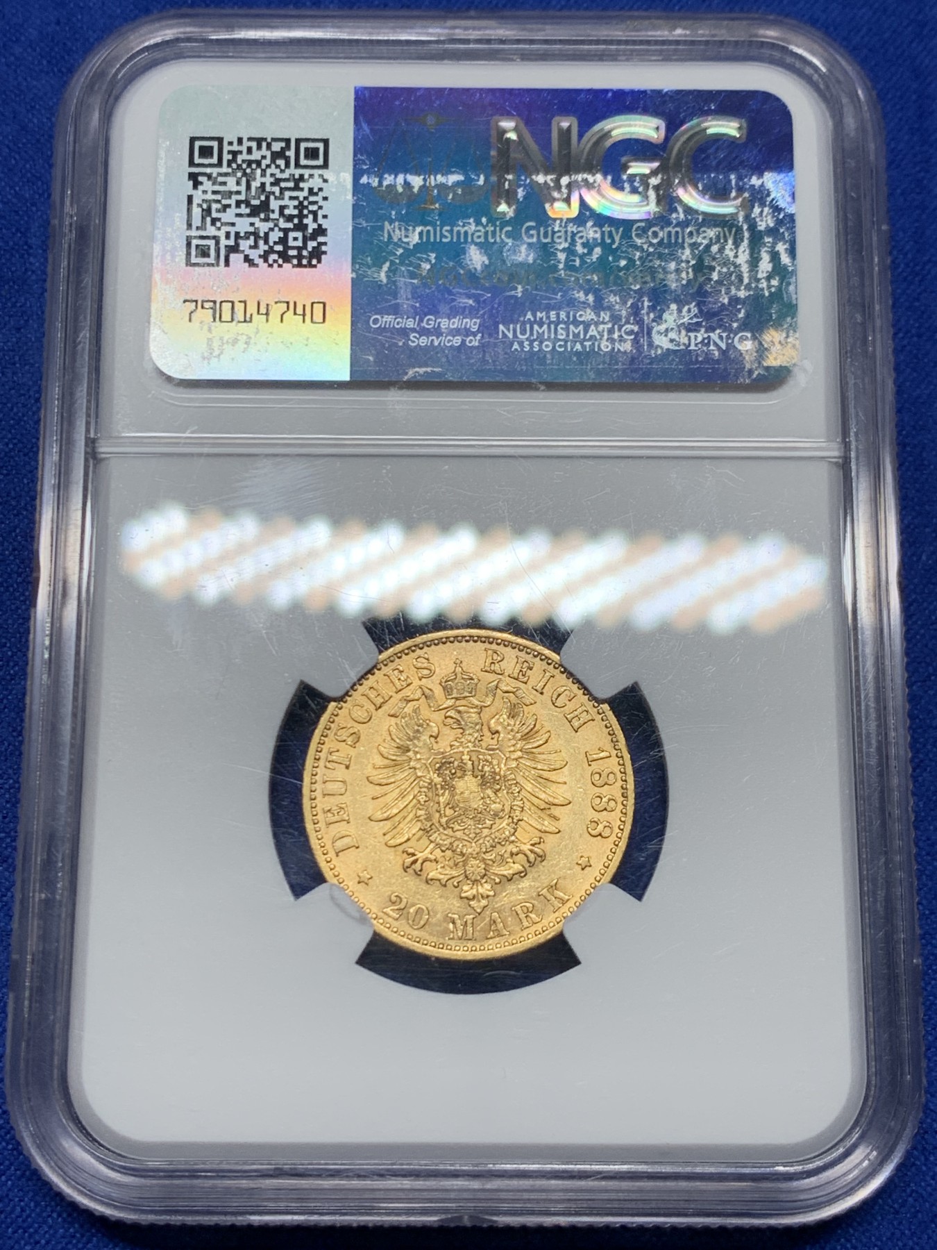 《竞宝斋》第263场-周日，周一 2场连拍 (全场包邮) NGC AU55 德国普鲁士1888三皇之年威廉二世短翅 20马克金币 三皇之年 威二金币极少见