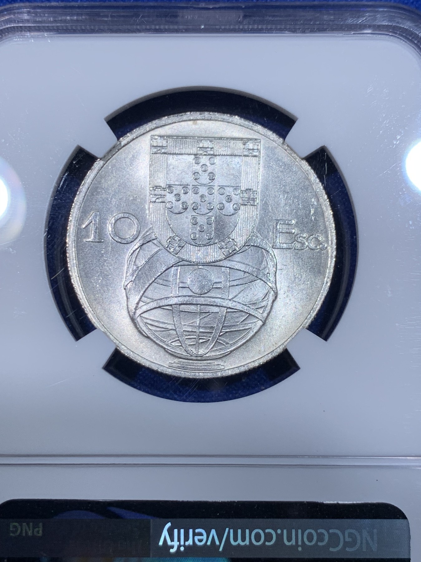 《竞宝斋》第263场-周日，周一 2场连拍 (全场包邮) NGC MS65 葡萄牙1955年大帆船10埃斯库多银币，原光美品，难得的状态