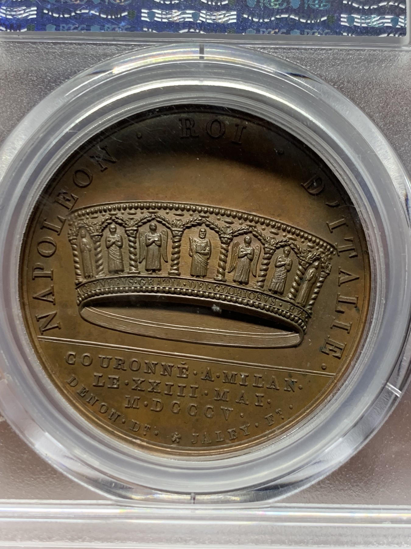 《竞宝斋》第263场-周日，周一 2场连拍 (全场包邮) PCGS SP64  法国1805年拿破仑一世米兰大加冕原铸铜章 背面历史上著名的铁王冠 纪念拿破仑在米兰大教堂加冕为意大利国王 要当整个欧陆的皇帝