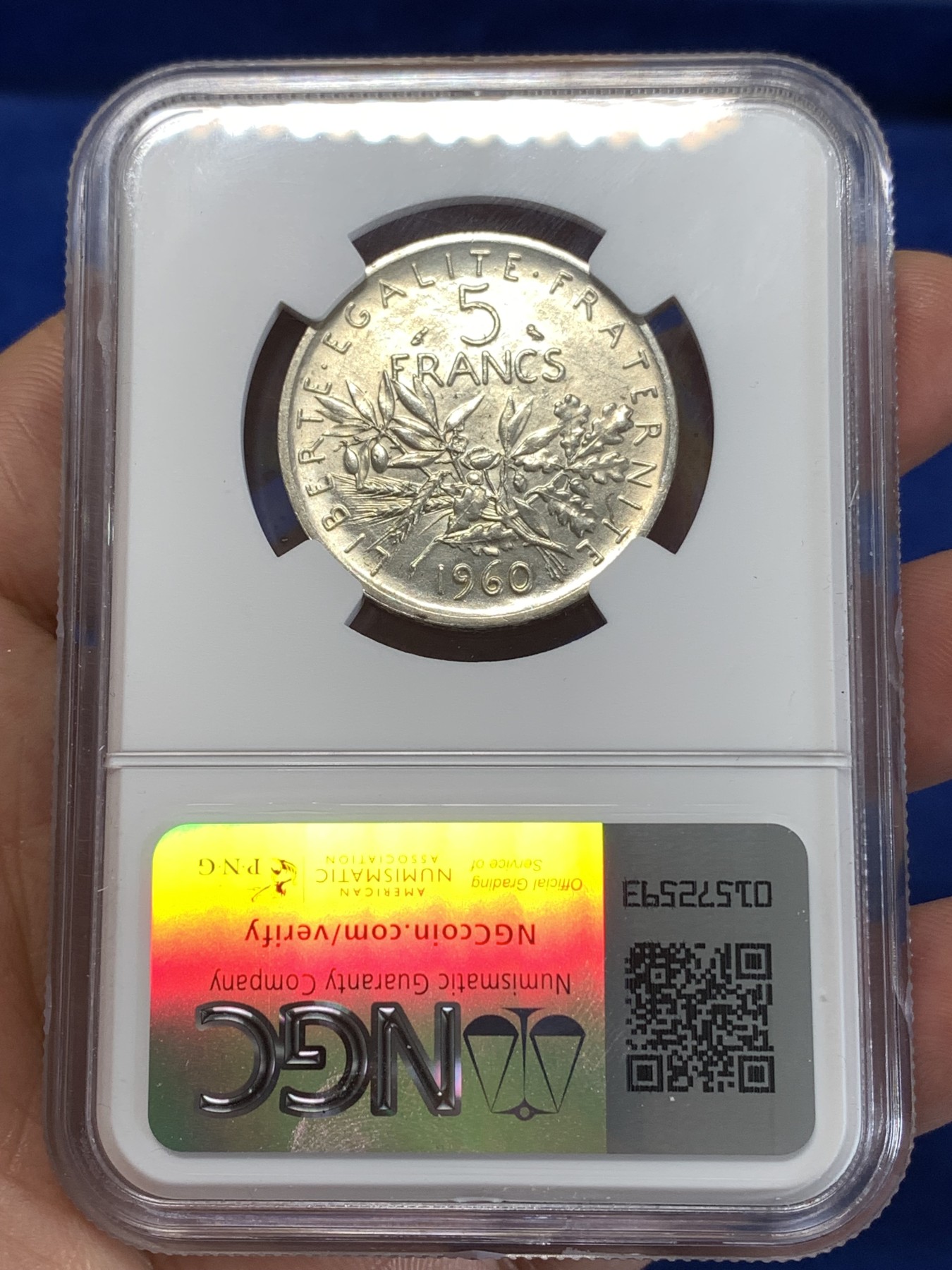 《竞宝斋》第263场-周日，周一 2场连拍 (全场包邮) NGC UNCD 法国1960年播种女神5法郎银币