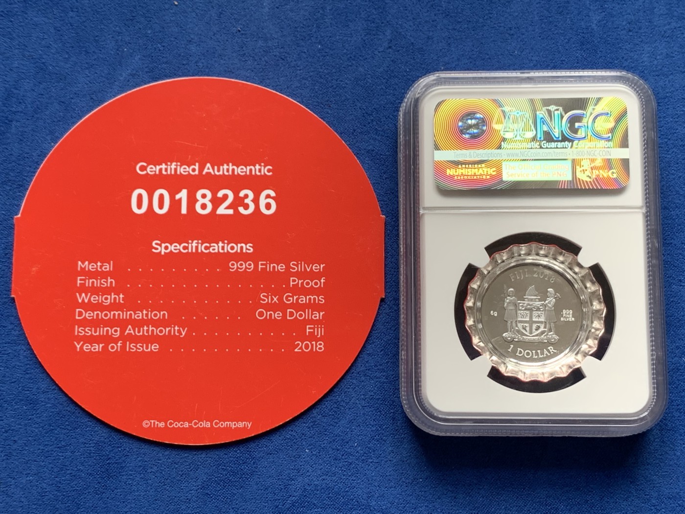 《竞宝斋》第263场-周日，周一 2场连拍 (全场包邮) NGC PF69UC 斐济2018年可口可乐瓶盖彩色异形银币，马到成功特殊标签，带证书