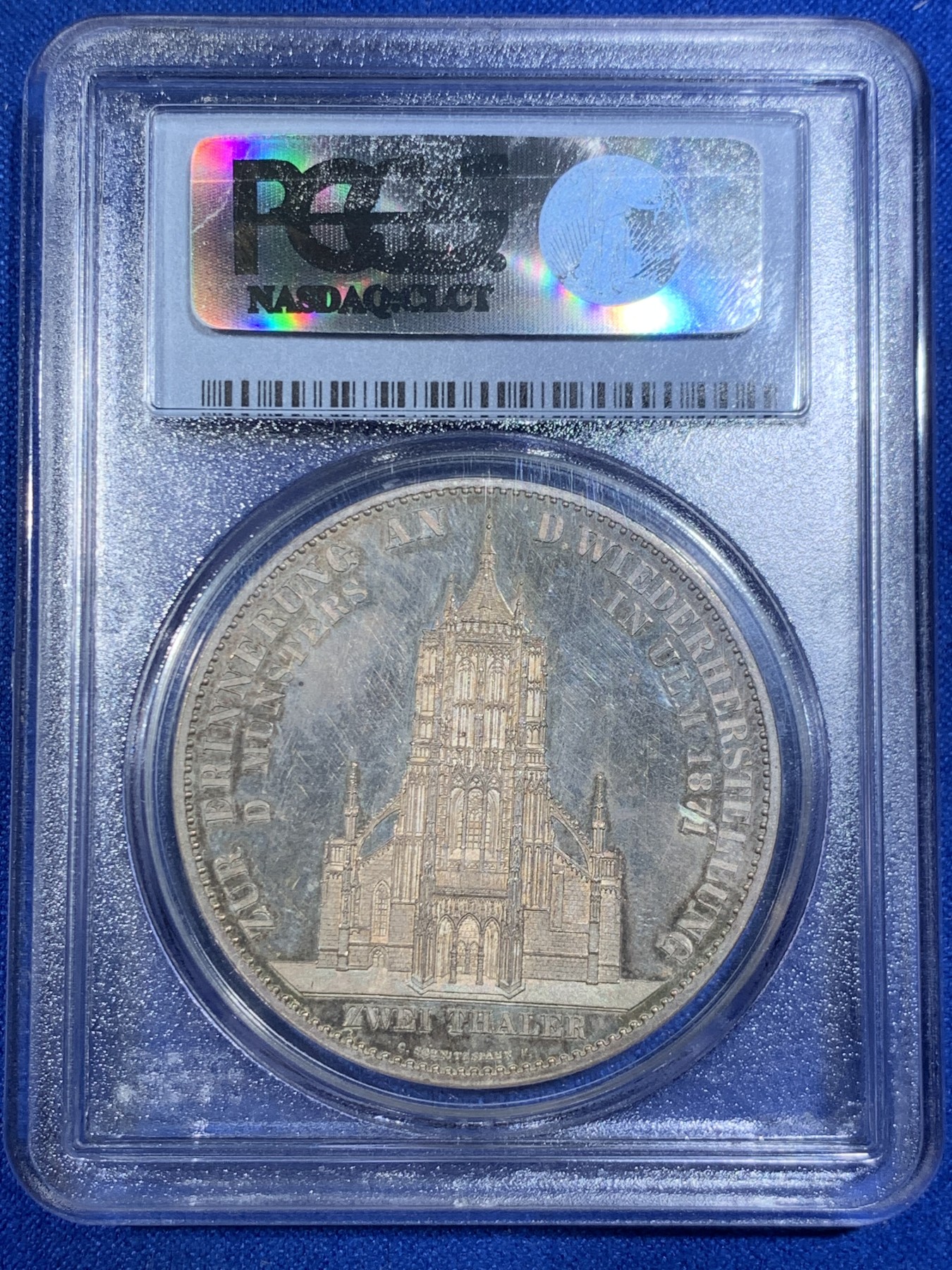 《竞宝斋》第263场-周日，周一 2场连拍 (全场包邮) PCGS PR62CAM 德国 1871乌尔姆大教堂精制2泰勒银币 热门品种 金彩包浆非常漂亮