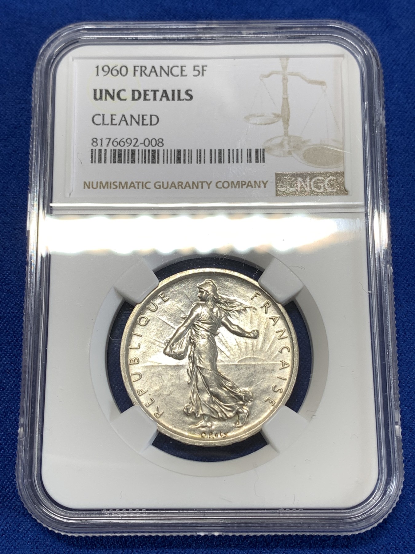 《竞宝斋》第263场-周日，周一 2场连拍 (全场包邮) NGC UNCD 法国1960年播种女神5法郎银币