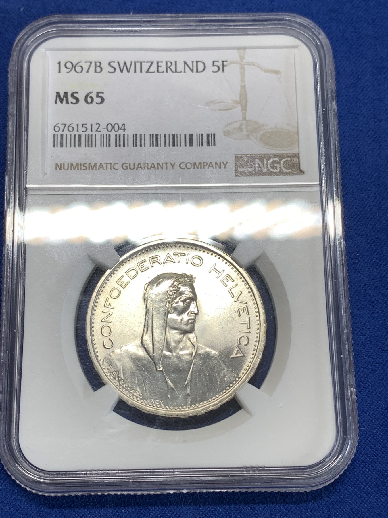 《竞宝斋》第263场-周日，周一 2场连拍 (全场包邮) NGC MS65 瑞士1967年5法郎银币
