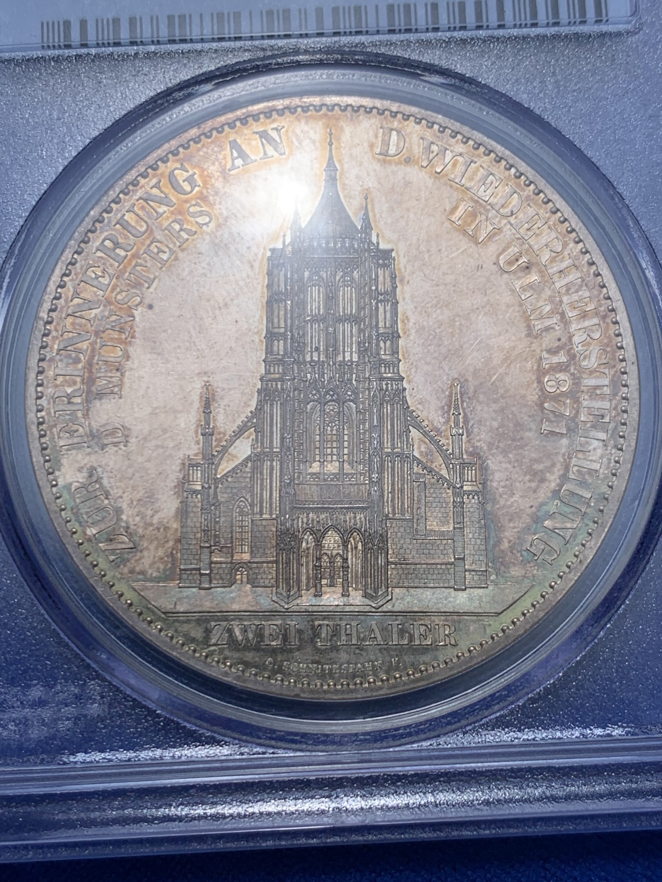 《竞宝斋》第263场-周日，周一 2场连拍 (全场包邮) PCGS PR62CAM 德国 1871乌尔姆大教堂精制2泰勒银币 热门品种 金彩包浆非常漂亮