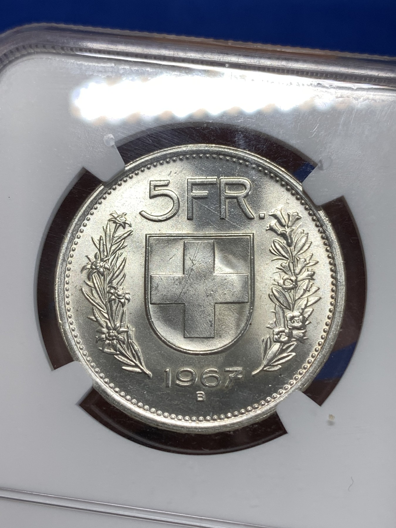 《竞宝斋》第263场-周日，周一 2场连拍 (全场包邮) NGC MS65 瑞士1967年5法郎银币